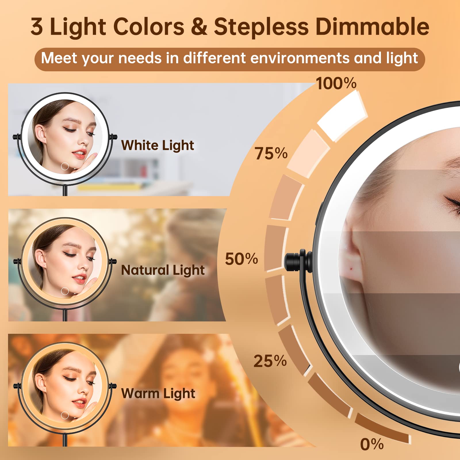 Gospire Lighted Makeup Mirror With Magnification 10X, 3 Color Dimmable Lights & Height Adjustable 7'' Cosmetic Mirror, 360 Swive