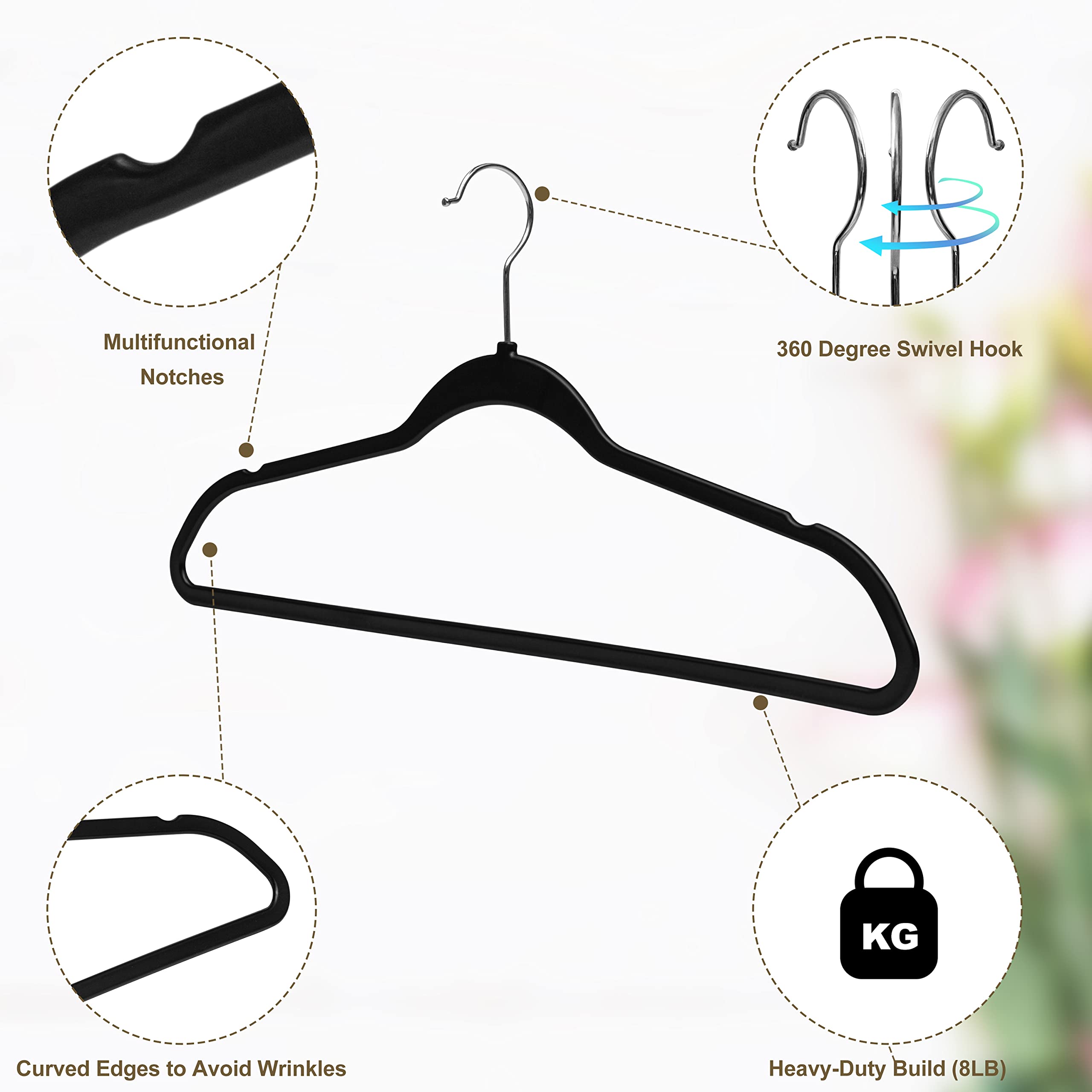 Quality Hangers 50 Pack Slim Plastic Hangers for Clothes - Heavy Duty Non-Velvet Hangers with 360? Swivel Chrome Hook & Non Slip Notches - Ideal for Dresses Coats Shirts Jackets & More - Black