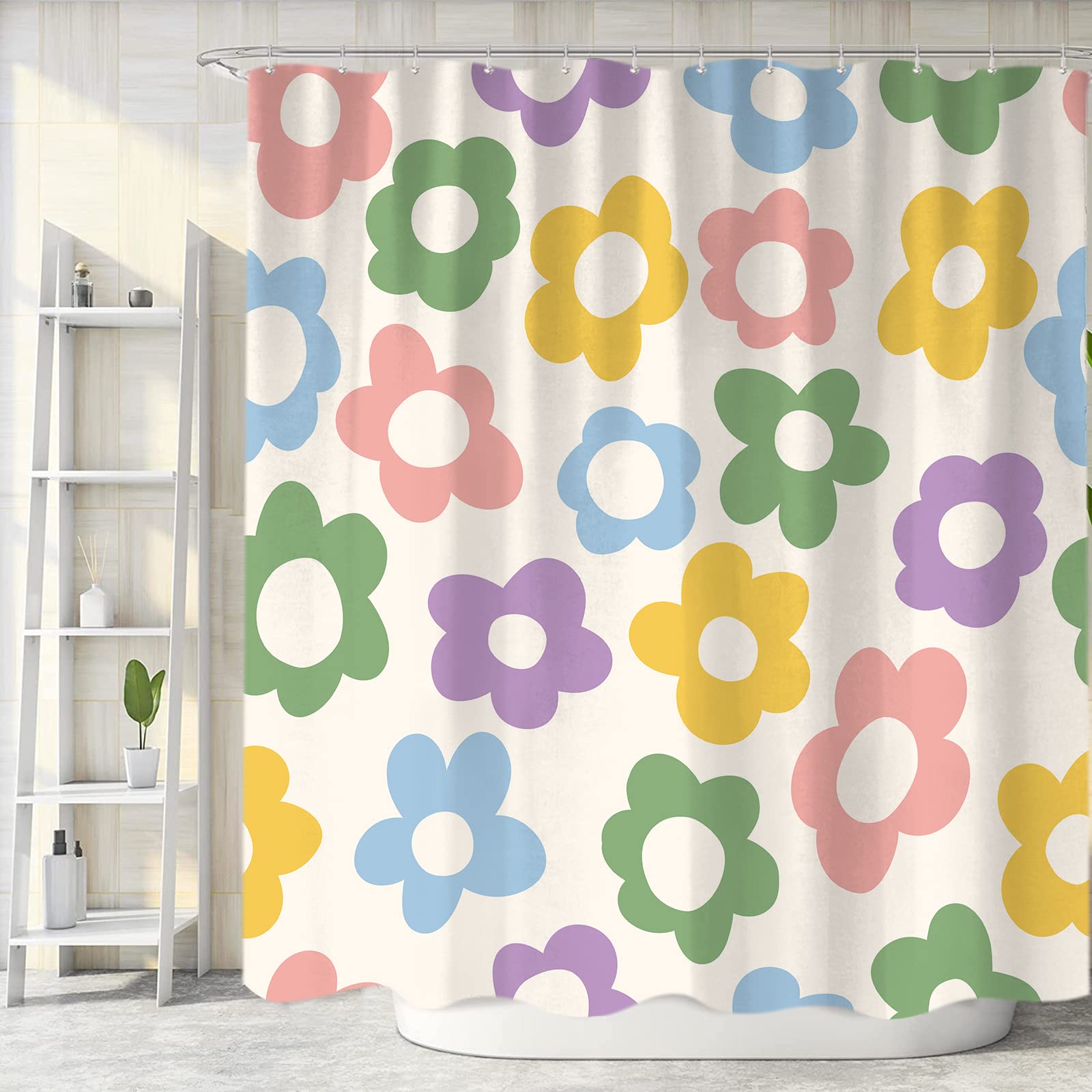 Sanzugh Cute Pastel Flower Shower Curtain, Boho Retro Floral 70S Aesthetic Fabric Shower Curtains Set For Girls Kids Bathroom Gr