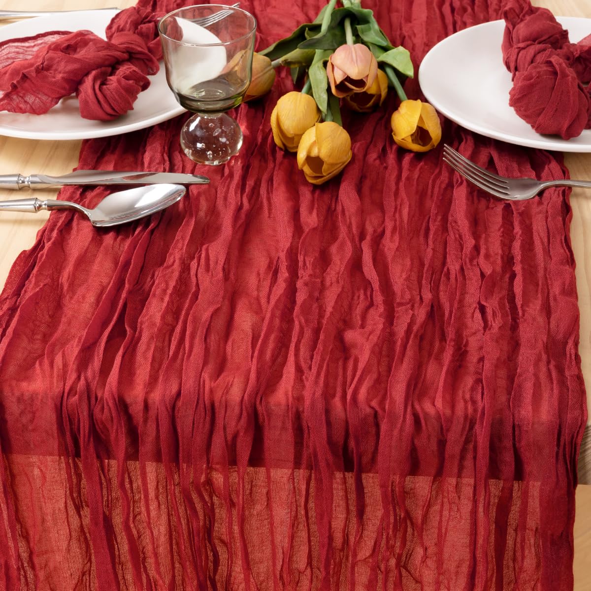 MLMC Red Table Runner 10ft Boho Gauze Cheesecloth Table Runner Rustic Cheese Cloth Decor 35x120 Inches for Wedding Reception Hom