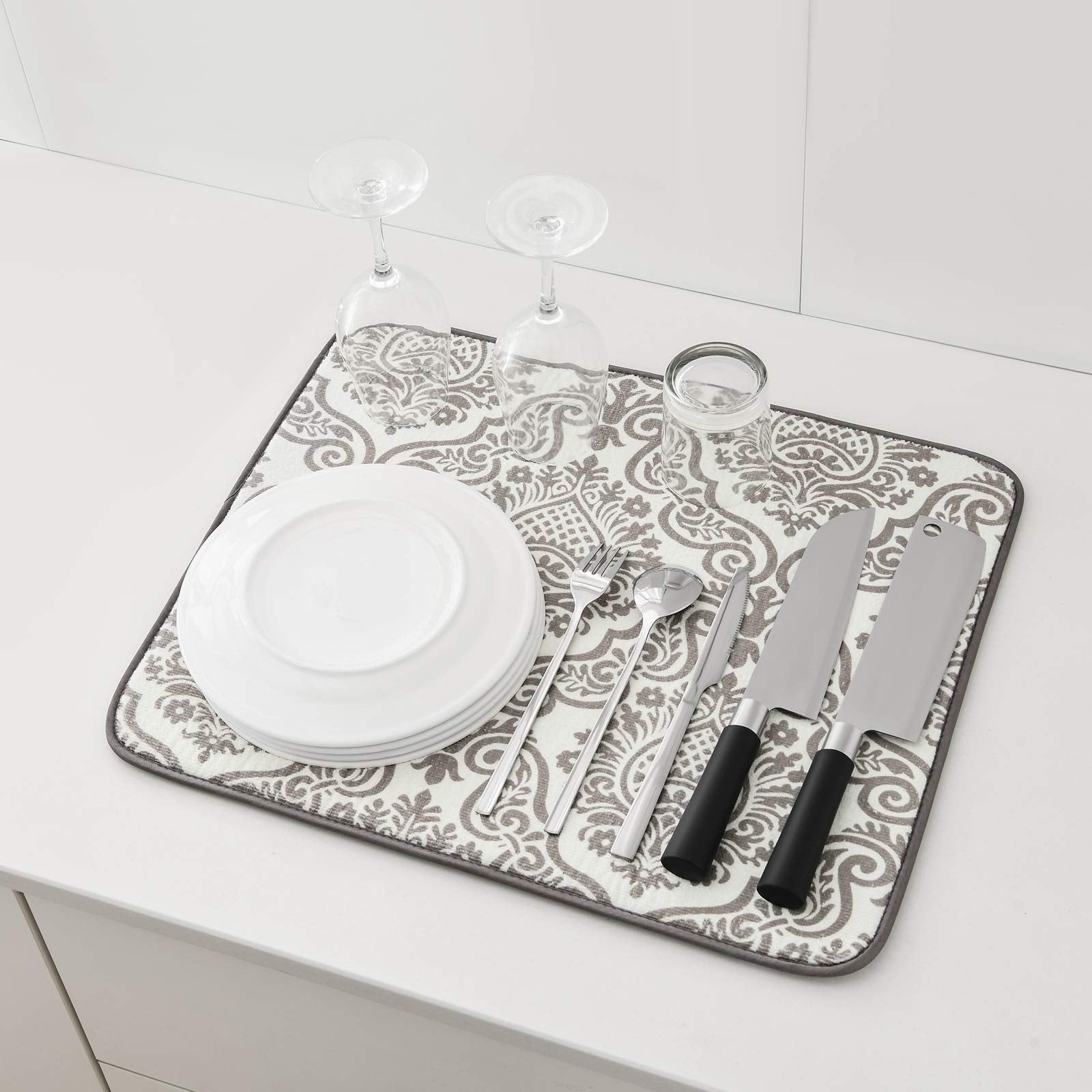 Subekyu Dish Drying Mats For Kitchen, Ultra Absorbent Microfiber Drying Mat, Dishes Drainer Pads 2 Pack, 19 By 15 Inch (Floral V