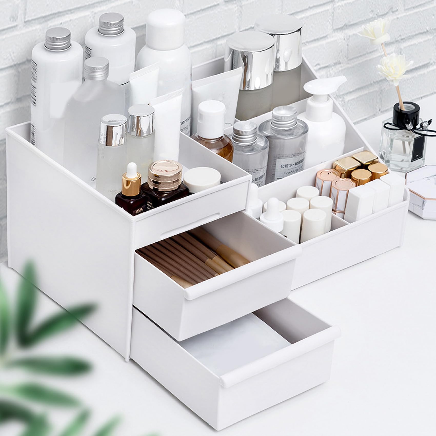 Aloxe Cosmetic Organizer Box Drawers Storage Plastic Stationary Box | Make Up Organiser For Women White