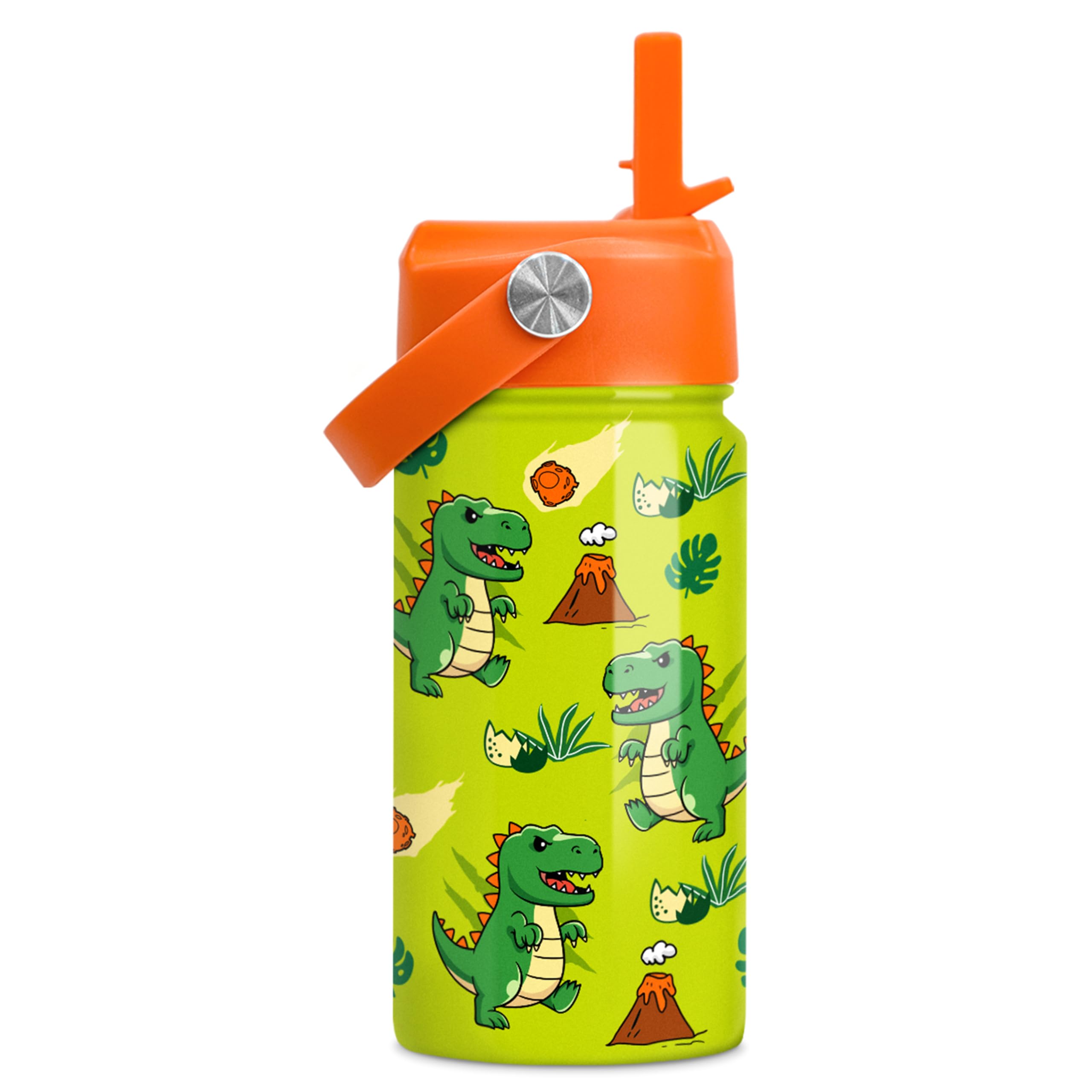 SANDJEST Dinosaur Water Bottle - Water Bottle with Straw Lid for Kids - 12 Oz Insulated Stainless Steel T-Rex Bottles for Kid Bo