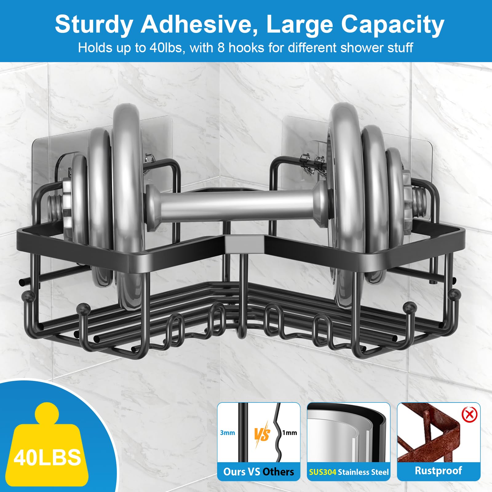 Plooht Corner Shower Caddy 5 Pack, Large Capacity Shower Organizer, Upgraded Stronger Adhesive Shower Shelf For Inside Shower, R