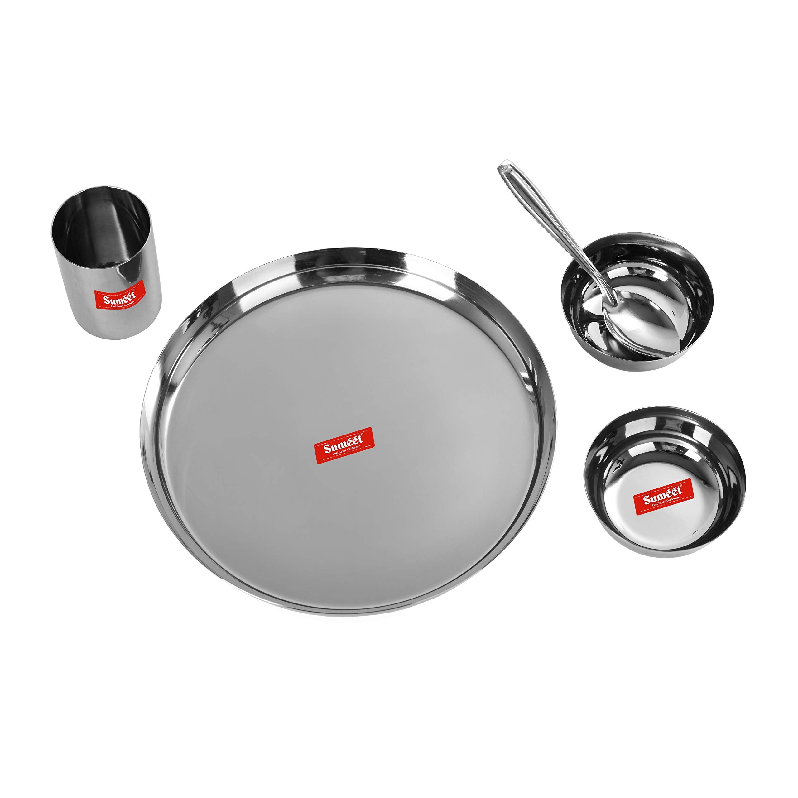 Sumeet Stainless Steel Mirror Finish Buffet Set   Dinner Set Of 5 Pcs (1 Plate  2 Bowl   Wati  1 Glass  1 Spoon)