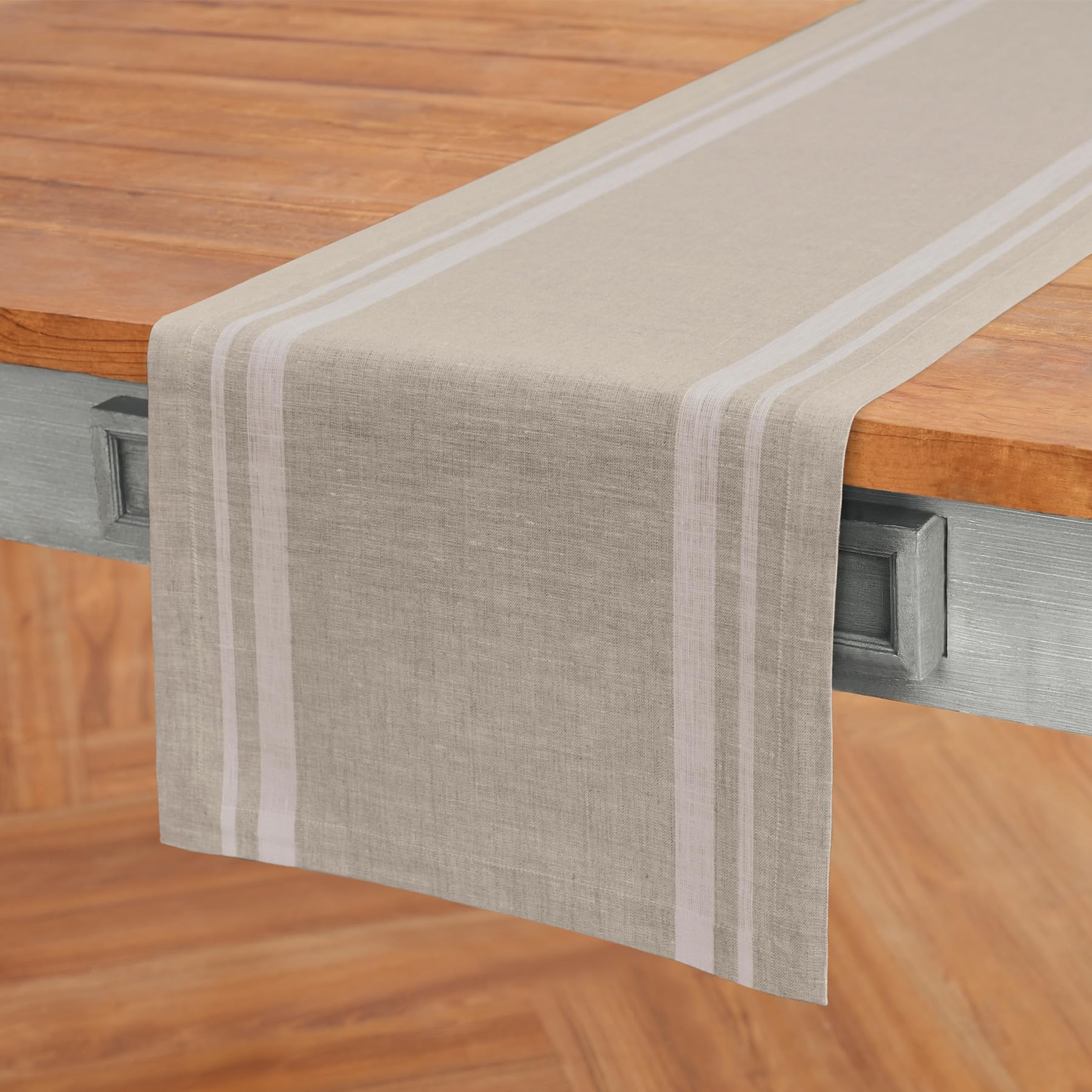 Solino Home Stripe Linen Table Runner 108 Inches Long - 100% Pure Linen White And Natural Table Runner 14 X 108 Inch - French St