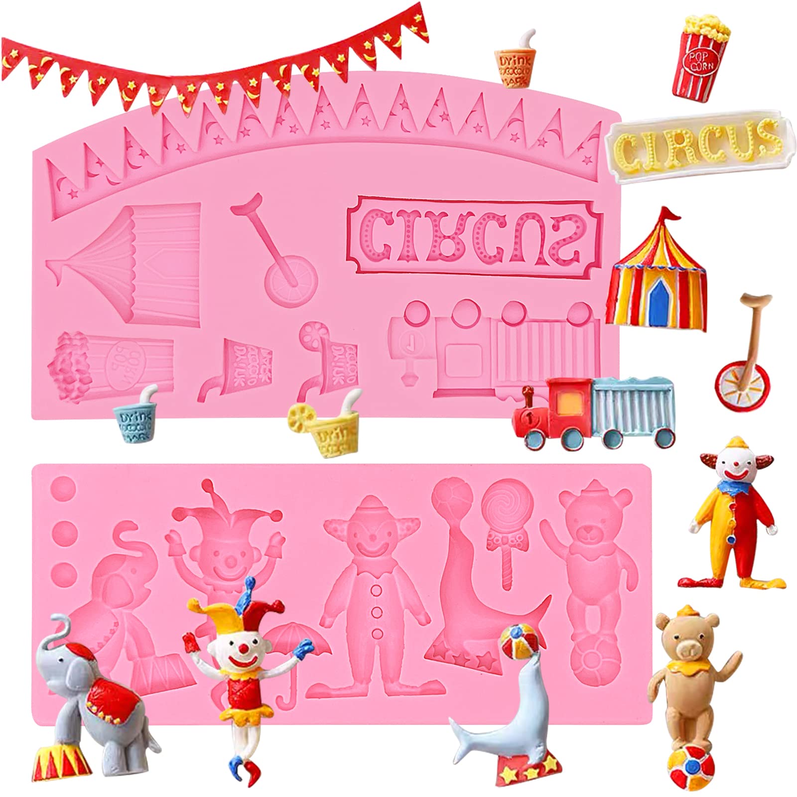 Circus Fondant Molds, Clown Elephant Silicone Molds, Bus Kitchen Baking Tools (2 Pcs) For Cake Decorating, Cupcake Toppers, Cand