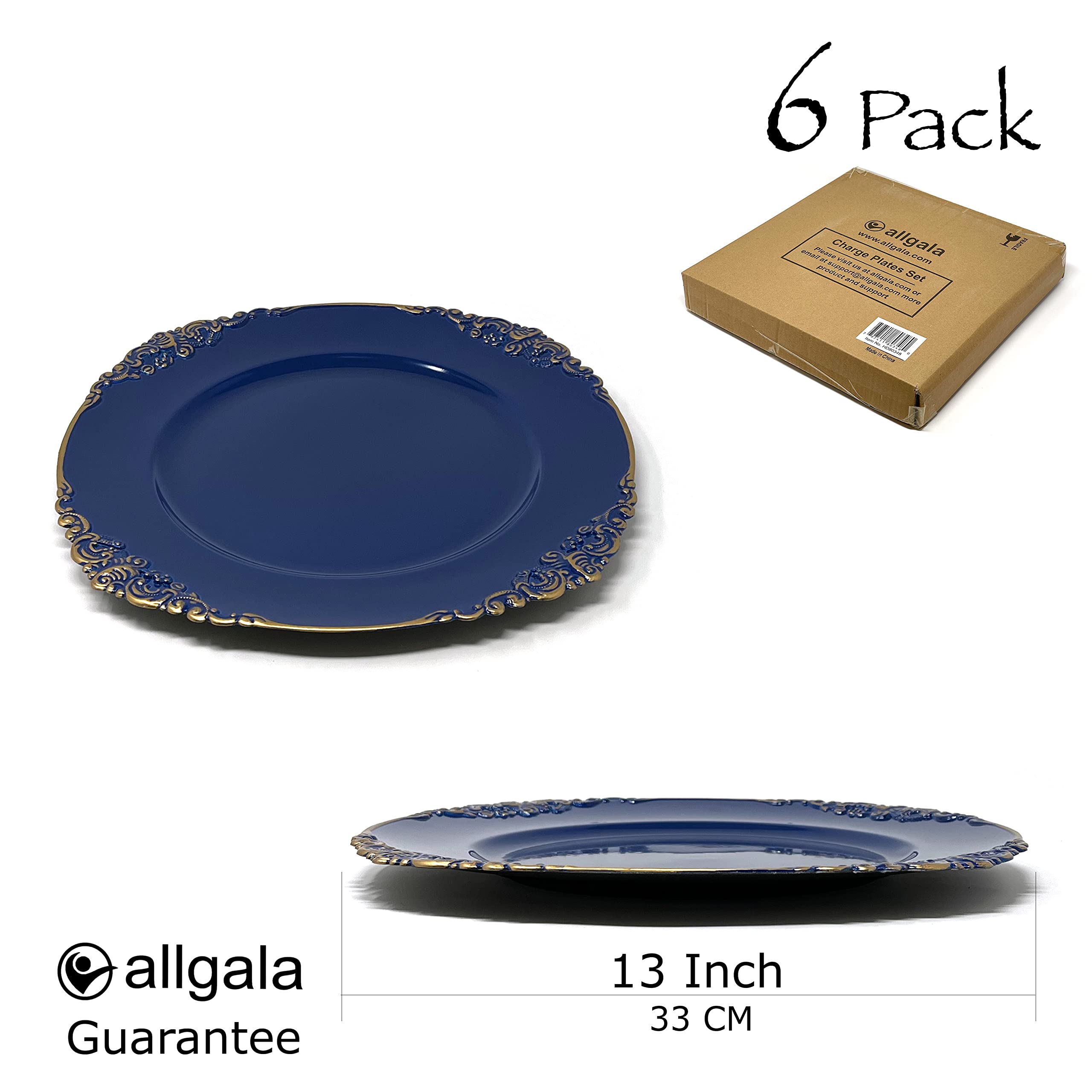 allgala 13-Inch 6-Pack Heavy Quality Round Charger Plates-Floral Royal Blue-HD80386