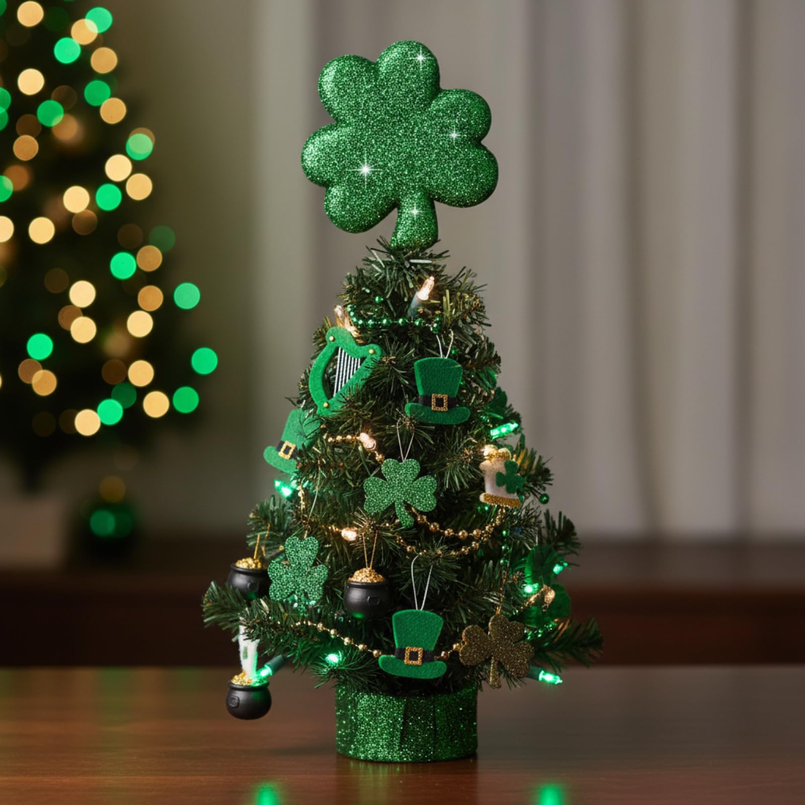 St. Patrick Day Mini Tree Topper St. Patricks 6 Inch Miniature Shamrock Christmas Tree Topper, Irish Green Decoration for Holid