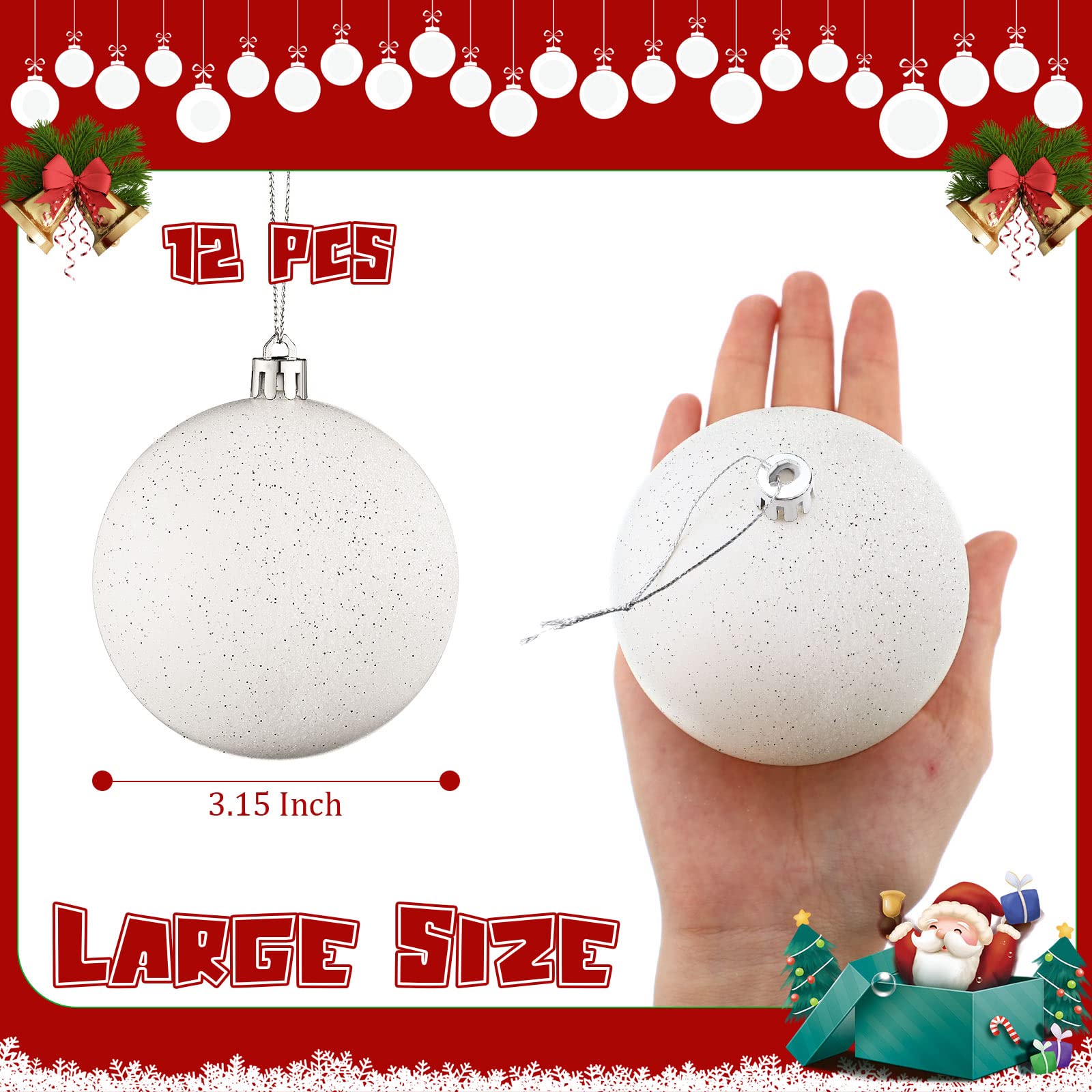 Zubebe 12 Pieces Large Christmas Ornaments Balls, Glitter Snowball Ornaments for Christmas Tree, Hanging Shatterproof Plastic Ba