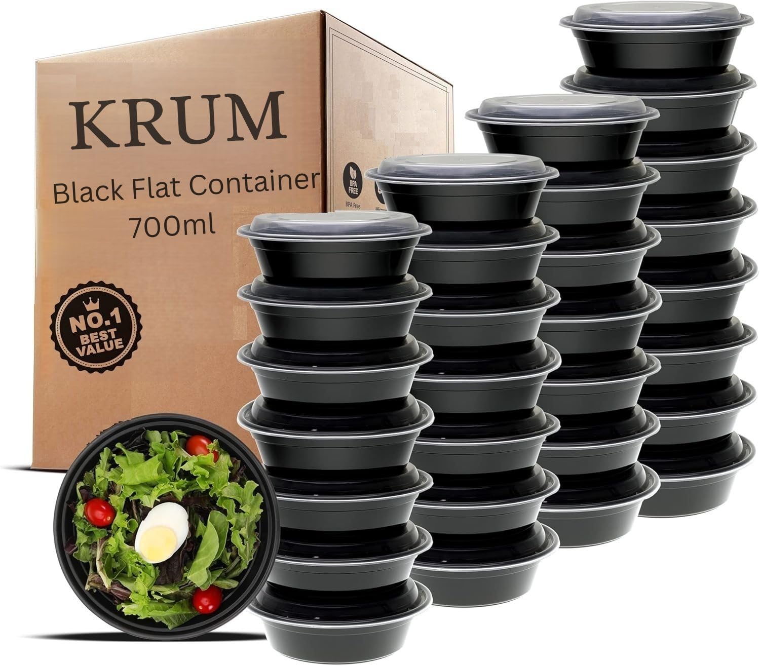Krum Black Flat Container With Lid | Microwave & Freezer Safe Food Box | Flat Round Leak-Resistant Meal Storage Container For Ki