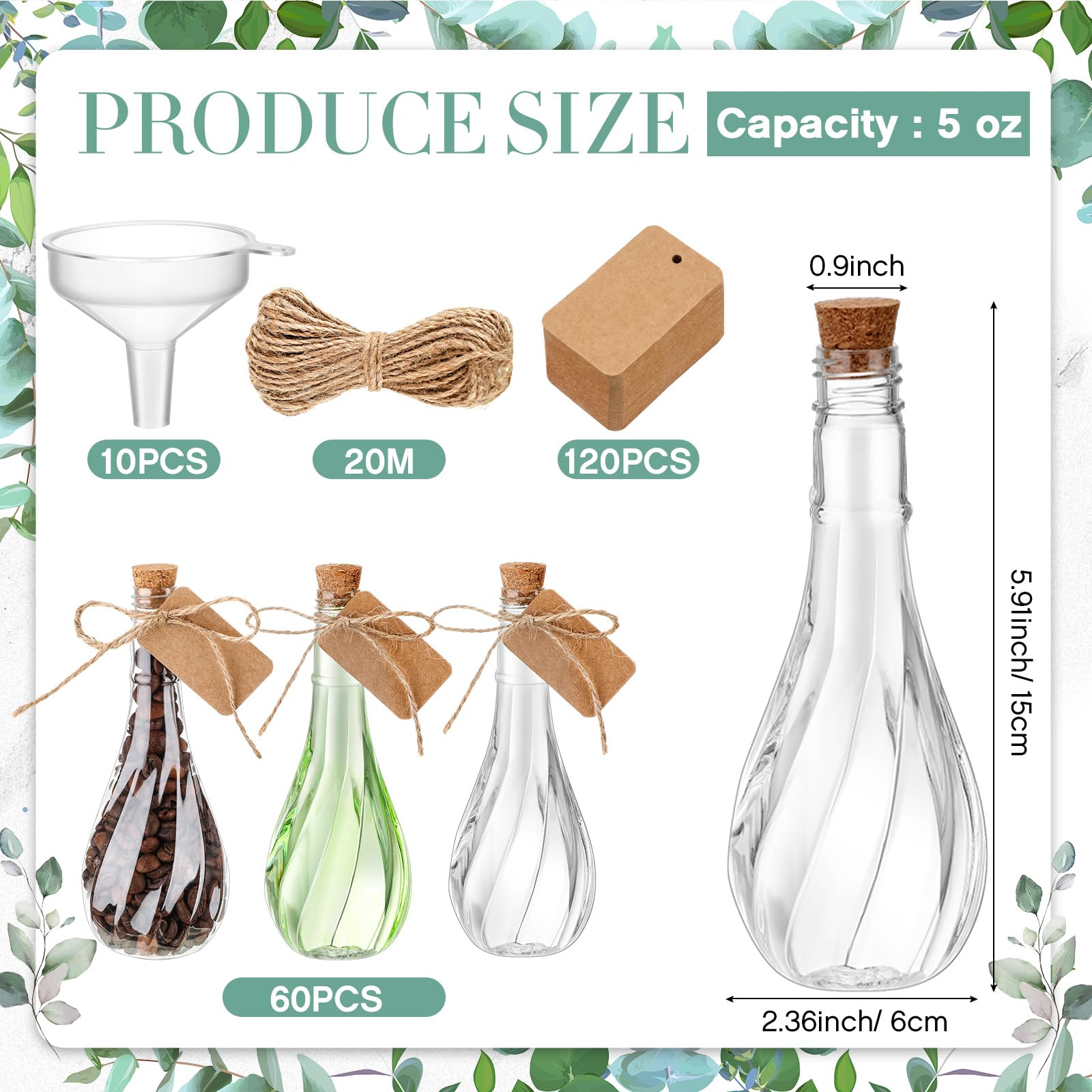 Lounsweer 60 Pack 5 oz Plastic Potion Bottles with Cork Stopper Caps Clear Sand Art Bottles with Twine and Tags Souvenir Jars Bu