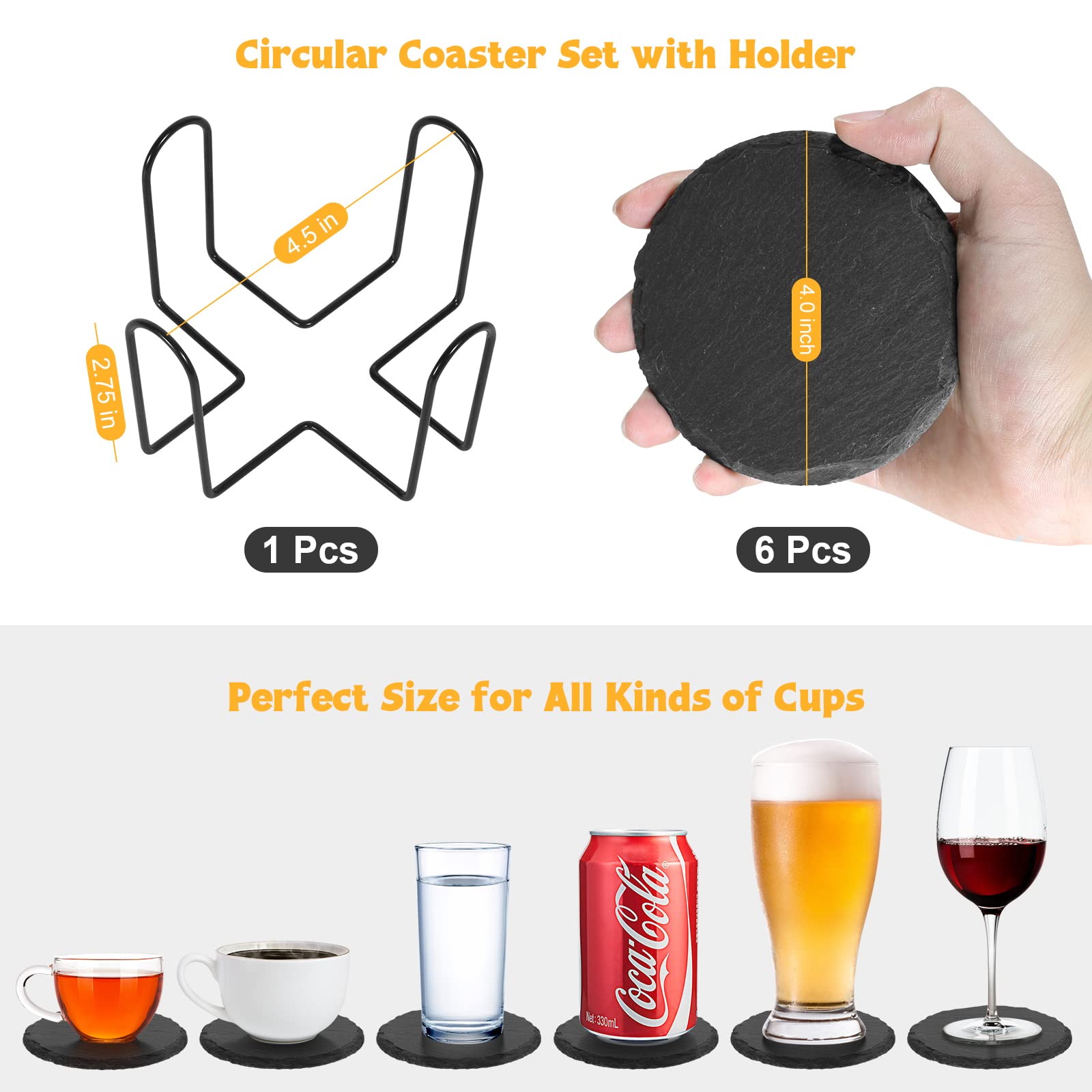 Black Slate Coasters For Drinks - Set Of 6 - Anti-Scratch Drink Coasters With Holder - Natural Stone Coasters Bulk, Unique Diy C