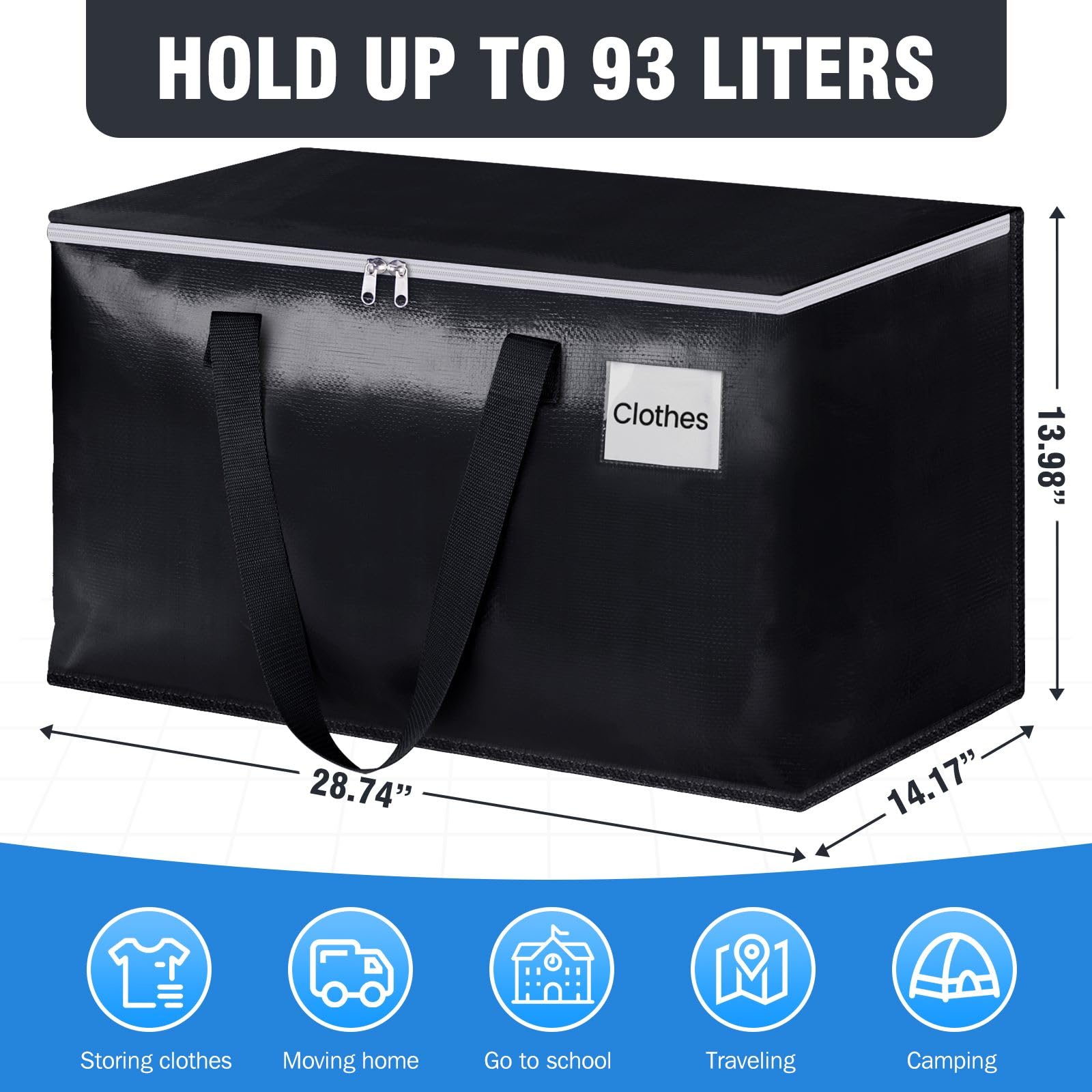 BlissTotes Moving Bags  Heavy Duty Moving Boxes with Zippers Top and Sturdy Handles  Storage Bags for Space Saving and Packing  Collapsible Moving Supplies  Storage Totes (93L  4-Pack  Black)