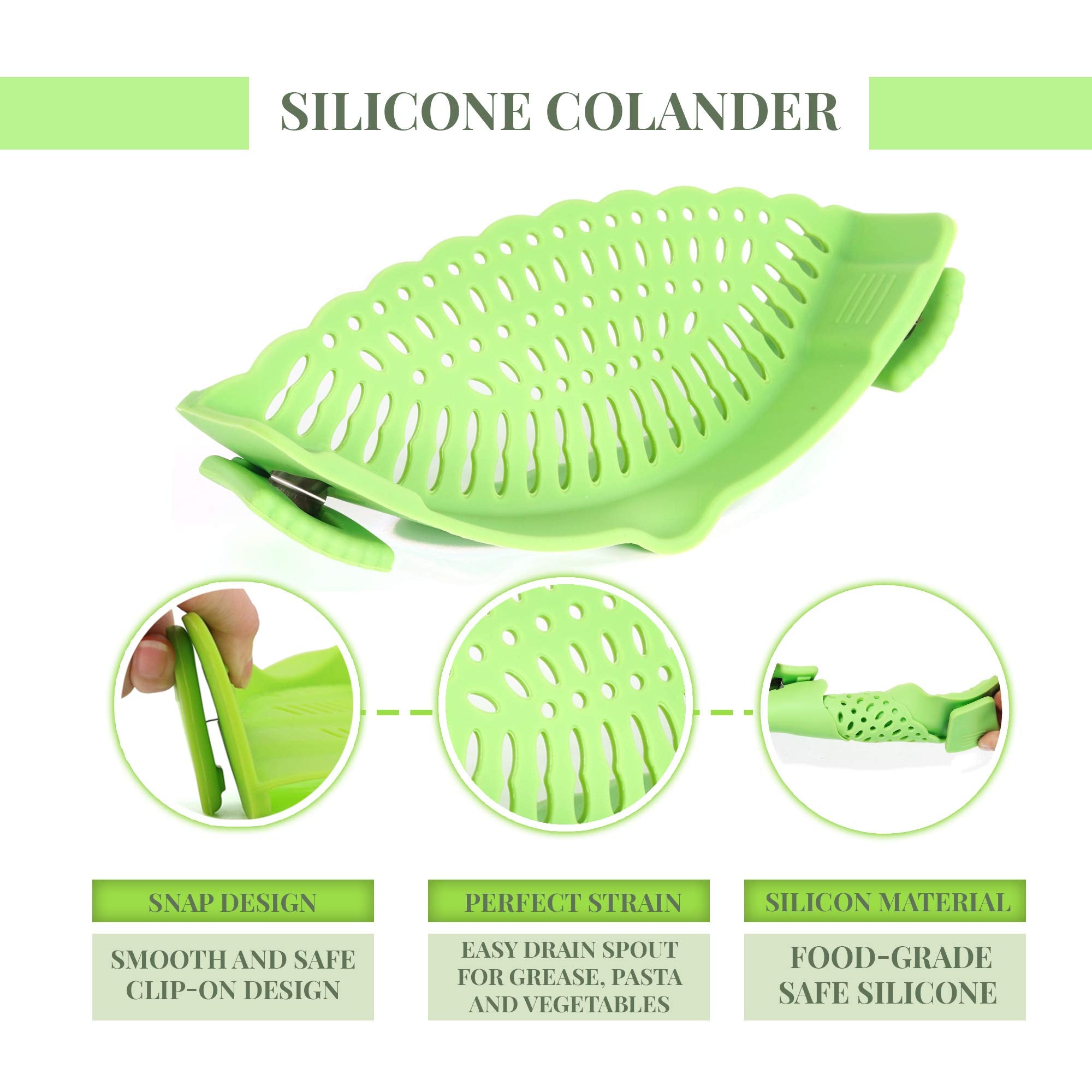 Performore Snap And Strain, Clip On Silicone Colander, Hands-Free Heat Resistant Food Strainer For Pasta Vegetables Noodles Grou