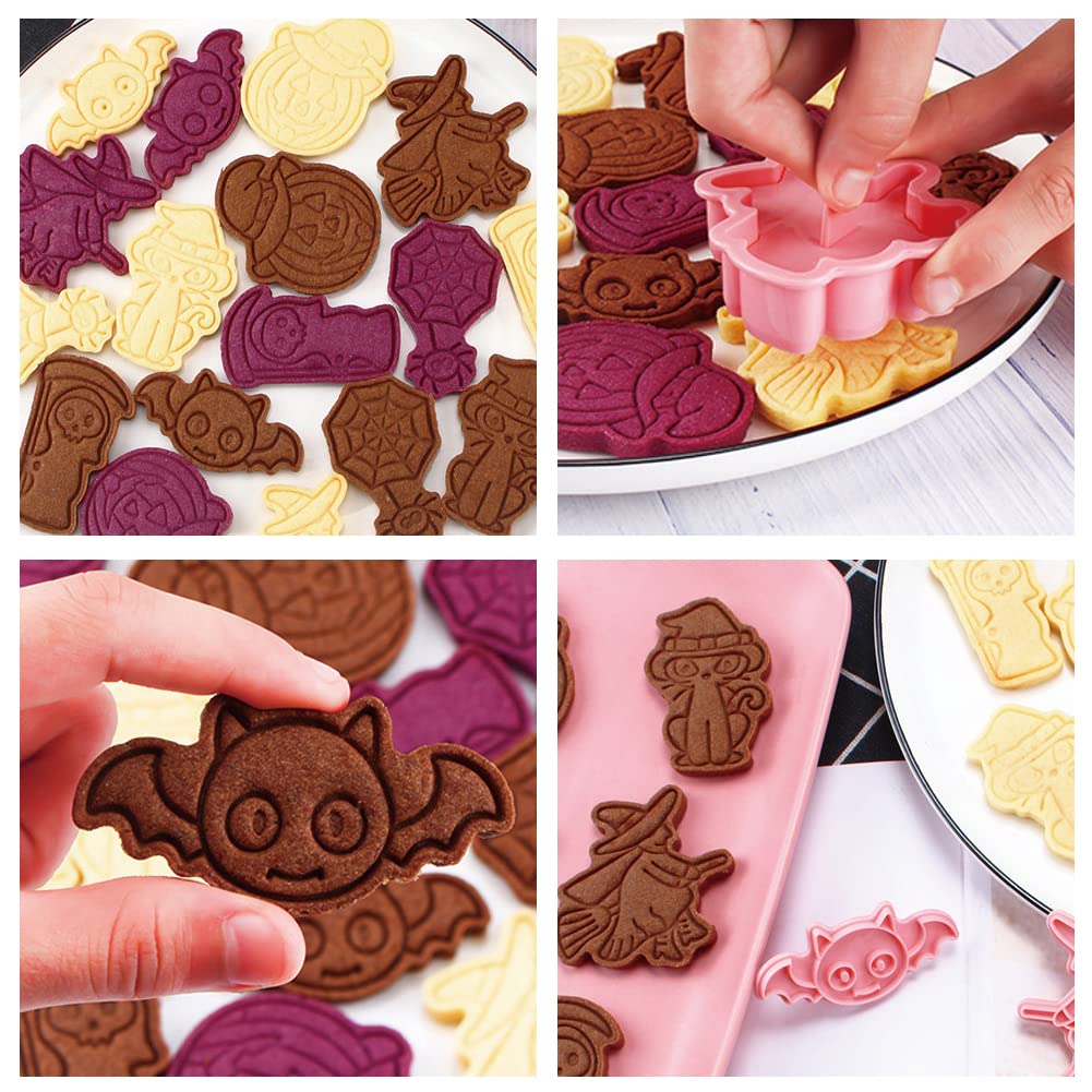 Guowall 6Pcs Halloween Cookie Cutters With Plunger Stamps Set 3D Cookie Stamps Funny Cartoon Biscuit Cutter For Baking Supplies
