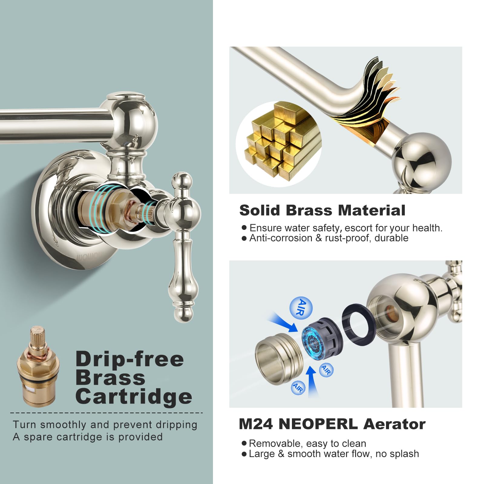 Wowow Pot Filler Faucet Brass Faucets Kitchen Wall Mount Polished Nickel Commercial Faucet Folding Kitchen Faucet Restaurant Fau
