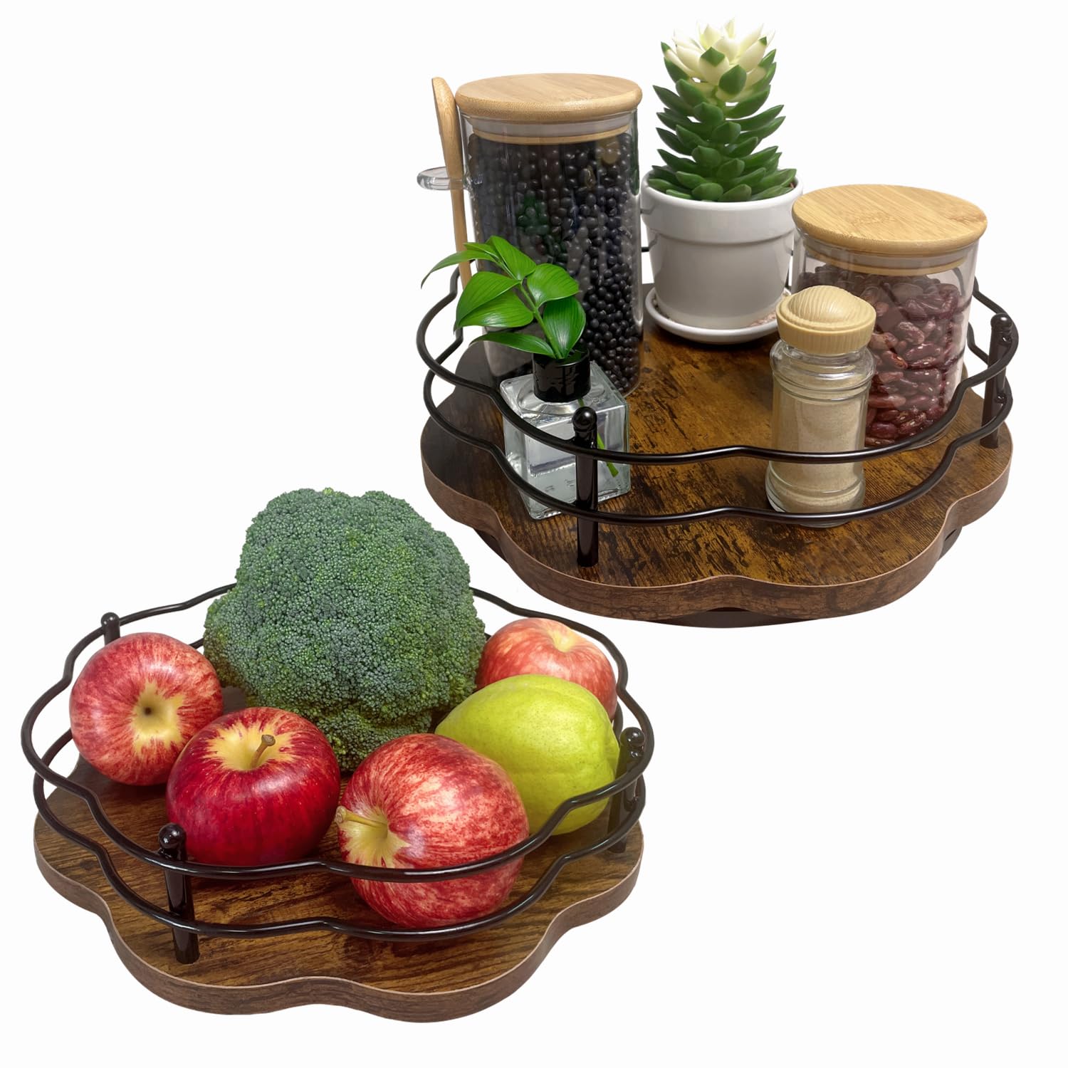 2 Pack, 11 & 12 Wooden Lazy Susan Turntable with Higher Metal Sides, 360 Rotating Lazy Susan Organization and Storage for Cabi