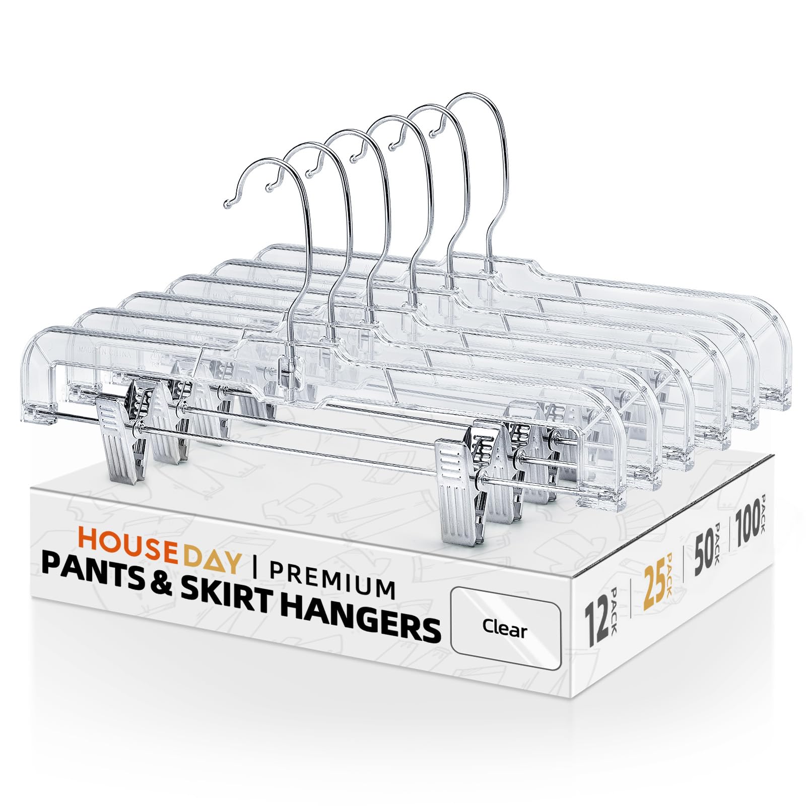 House Day 25 Pack 14 Inch Clear Plastic Skirt Hangers With Clips, Skirt Hangers, Clip Hangers For Pants,Trouser Bulk Plastic Pan