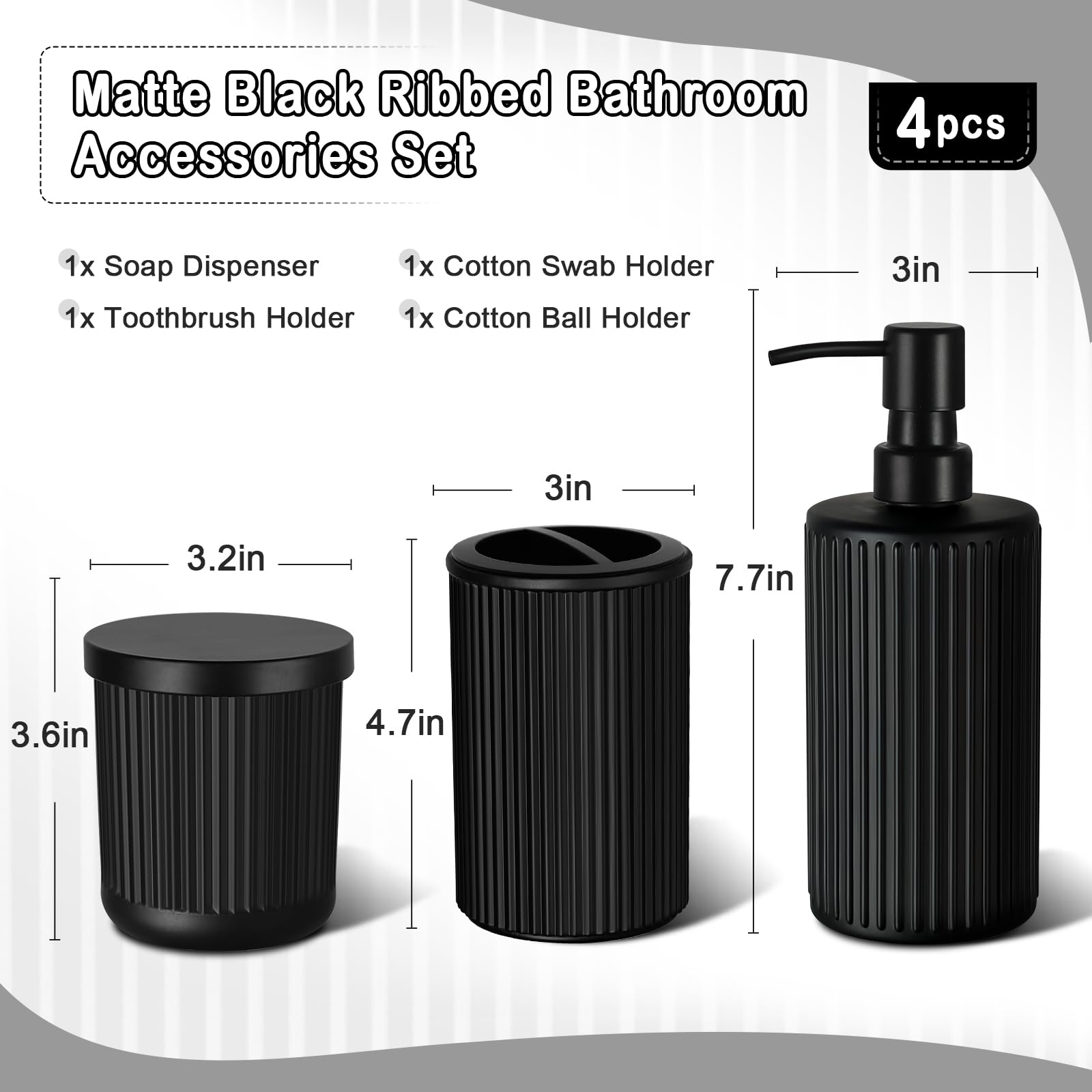 Kasunting Matte Black Bathroom Accessories Set, 4 Pcs Glass Bathroom Accessory Set, Soap Dispenser, Toothbrush Holder, Qtip Hold