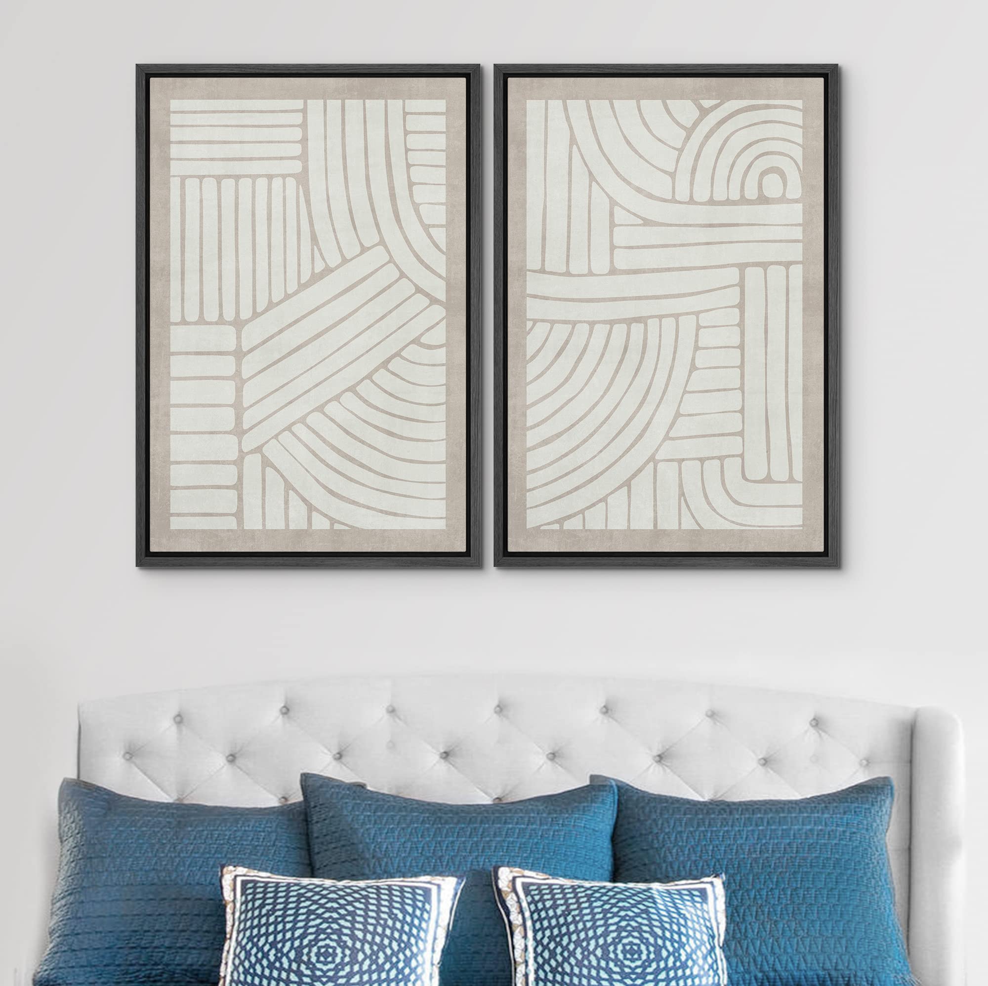 SIGNWIN Framed Canvas Print Wall Art Set Grunge Tribal Pattern Landscape Abstract Shapes Cozy Neutral Minimal Decorative Nordic Zen Bohemian for Living Room  Bedroom  Office - 16''x24''x2 Black