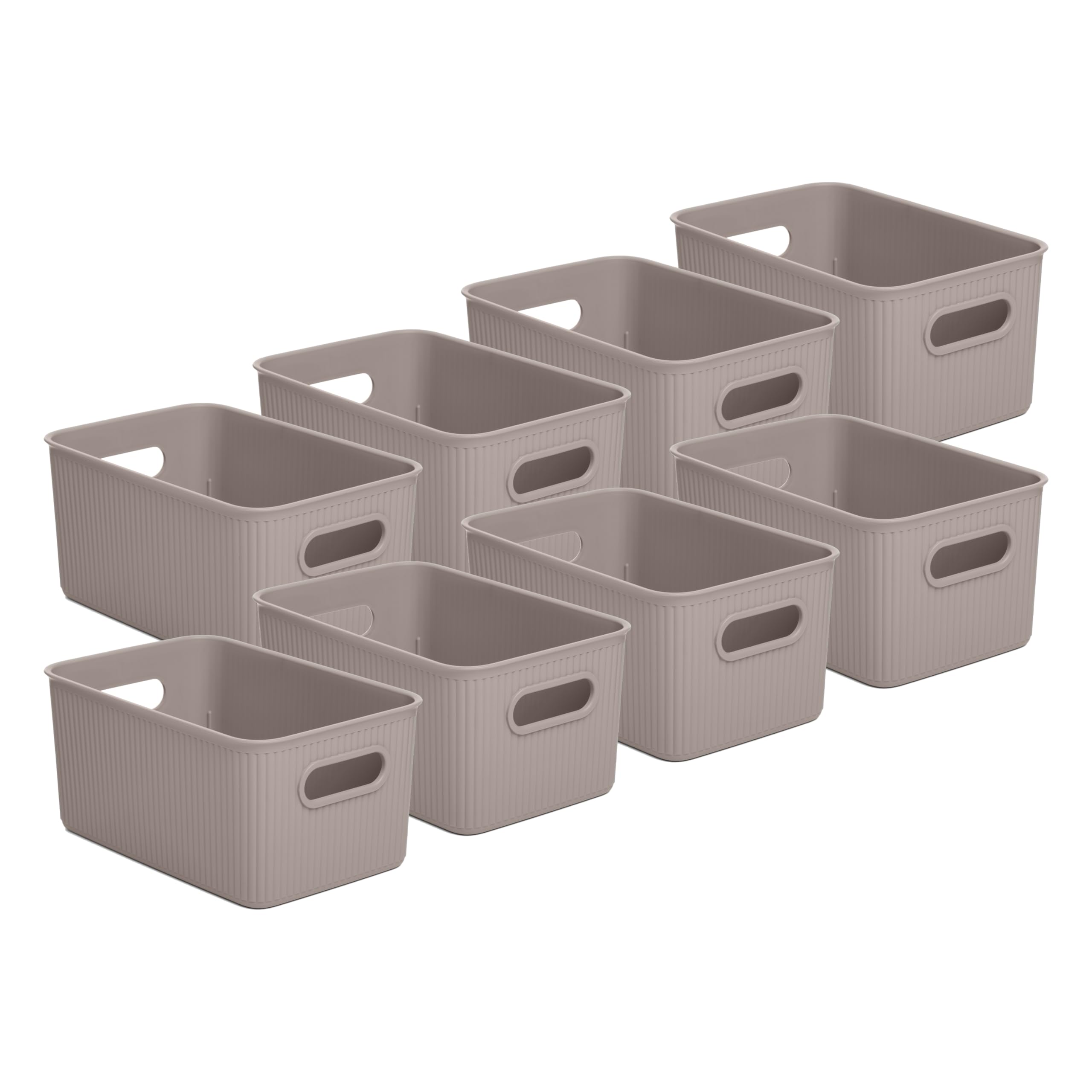 Superio Decorative Plastic Open Home Storage Bins Organizer Baskets, Medium, Taupe (8 Pack) Container Boxes for Organizing Close