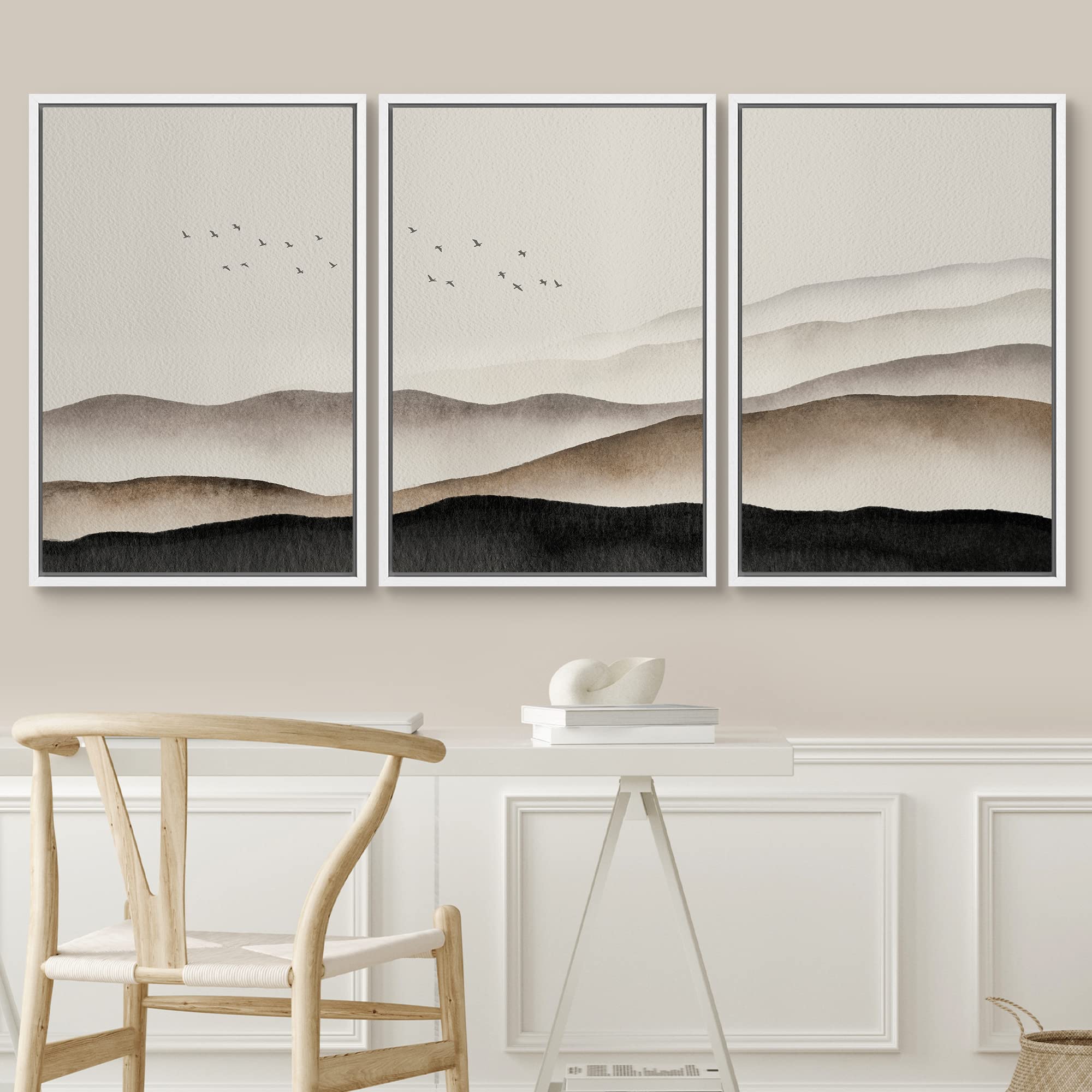 Signwin Framed Canvas Print Wall Art Set Brown Watercolor Misty Mountain Sky Nature Wilderness Illustrations Modern Art Decorati