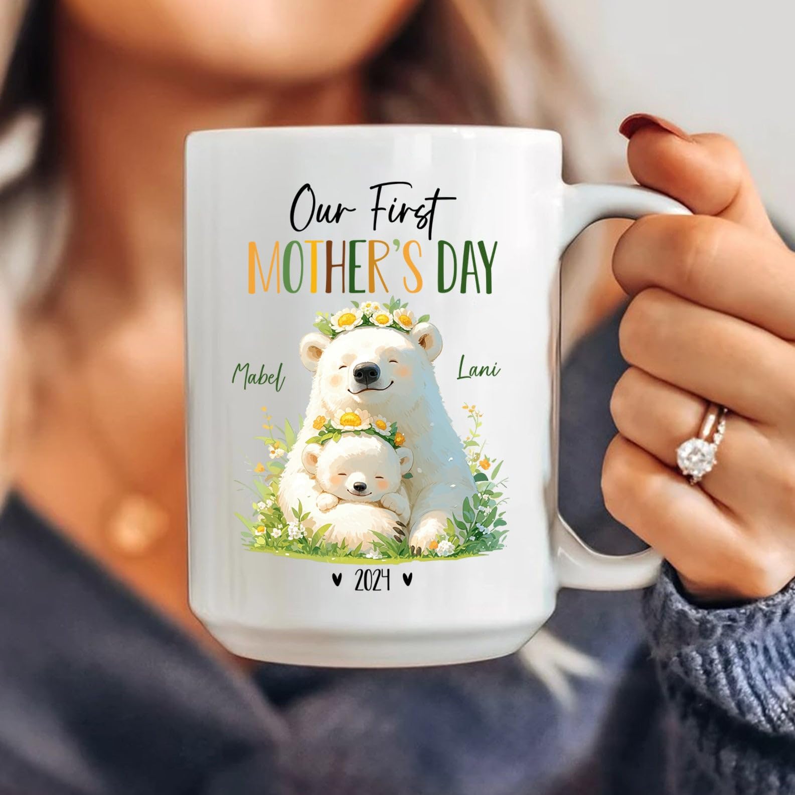 Mother And Baby Polar Bear Ceramic Mug, Our First Mothers Day Mug, Gift For Polar Bear Lovers, Personalized Mommy & Baby Animal