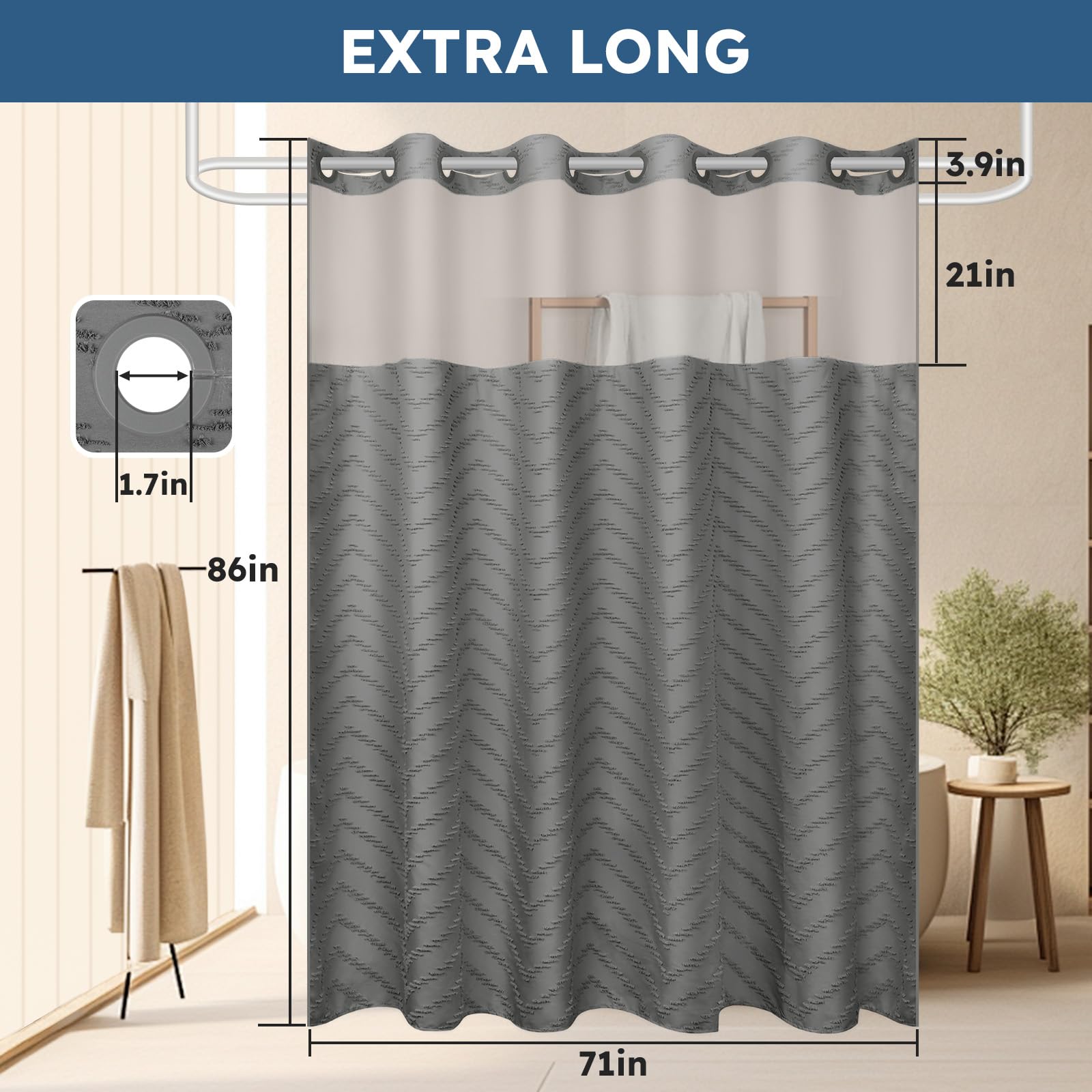 Fadoty No Hook Shower Curtain And Snap In Liner Set Grey Tufted Chevron Striped Cloth Waterproof Washable Fabric Boho Gray Bath