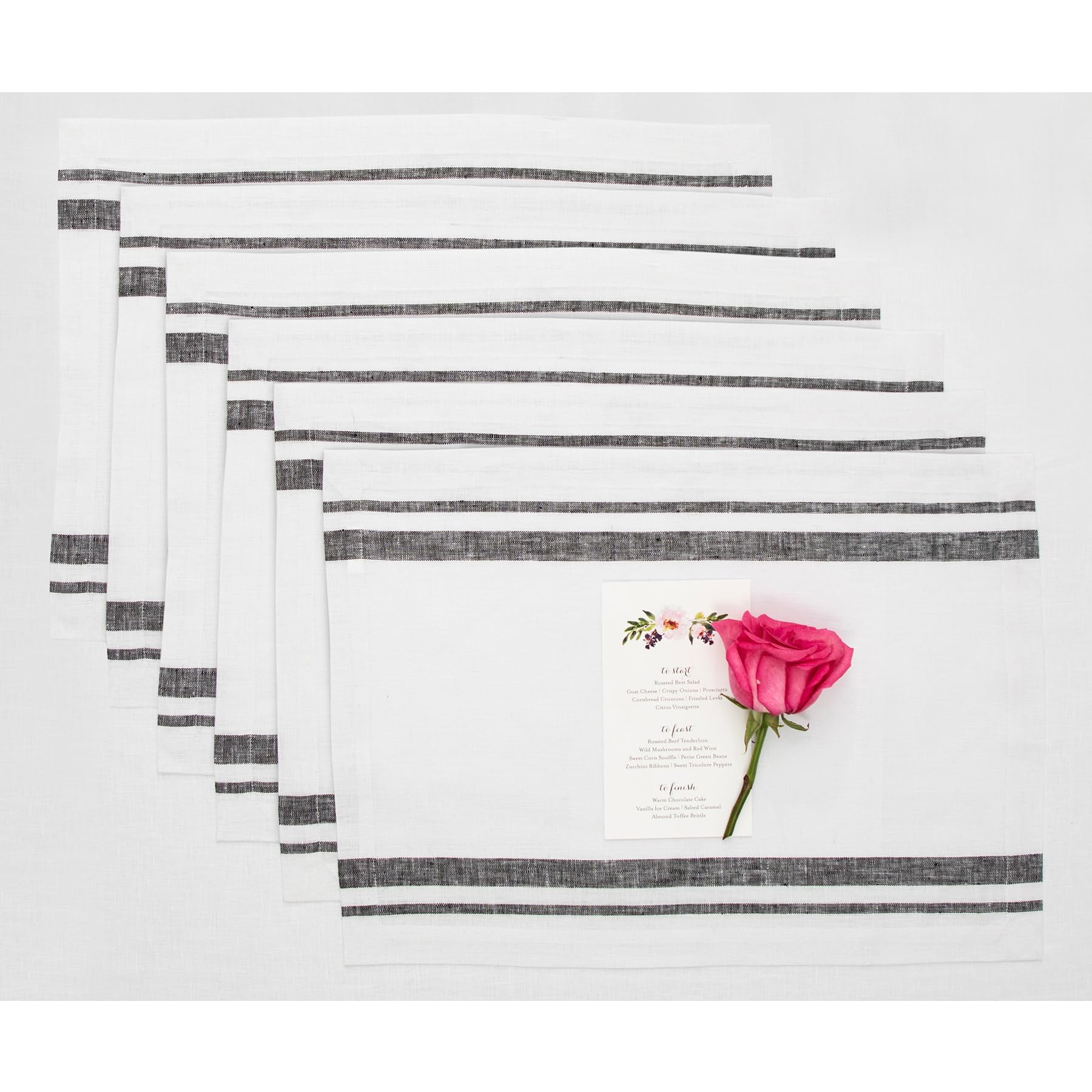 Solino Home Stripe Linen Placemats 19'' L X 14'' W - 100% Pure Linen Black And White Cloth Placemats Set Of 6 - French Stripe, W