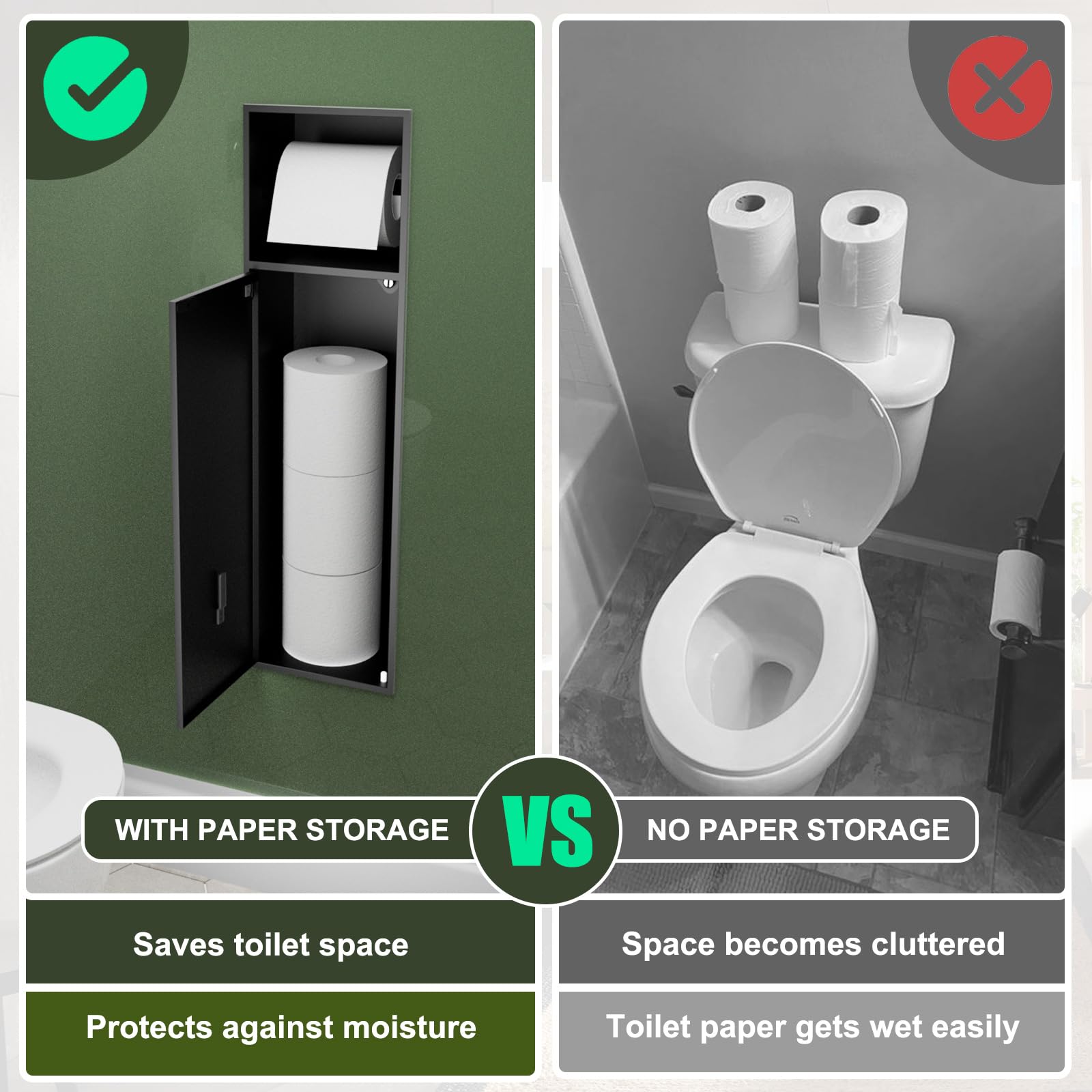 Baronage Black Recessed Toilet Paper Holder With Toilet Brush, 24 Inch Toilet Paper Niche Over-Mounted Wall Bathroom Storage 304