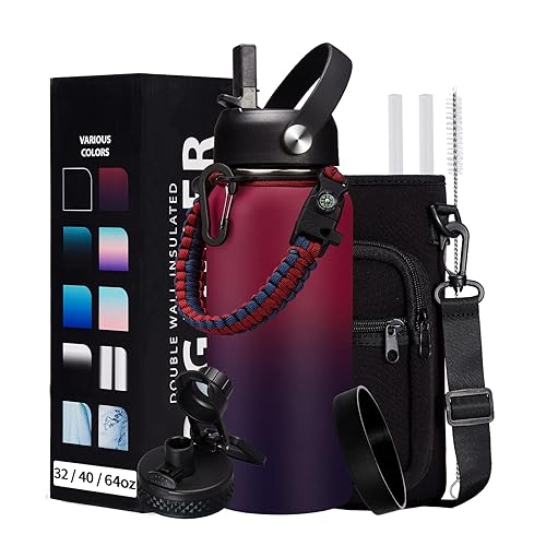 32OZ Insulated Water Bottle with Straw - Spout Lid  Sweat-Proof & BPA-Free Metal Reusable Water Bottles  Wide-Mouth Vacuum Insulated Bottle with Paracord Handle  Bottle Sleeve Bag & Protective Boot
