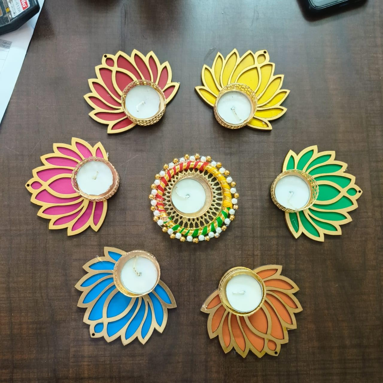 Gift Jaipur Wooden Multicolor Mix Lotus CHUDI Diya Rangoli 7 pc Candles with Wax | Deepak for Home Temple Decorations on Diwali 