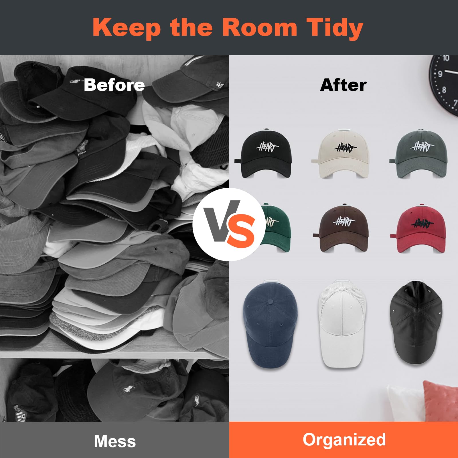Kovspo Adhesive Hat Rack For Wall (16-Pack), Hat Hooks For Baseball Caps, Strong Hold Hat Wall Organizer, Minimalist Hat Display