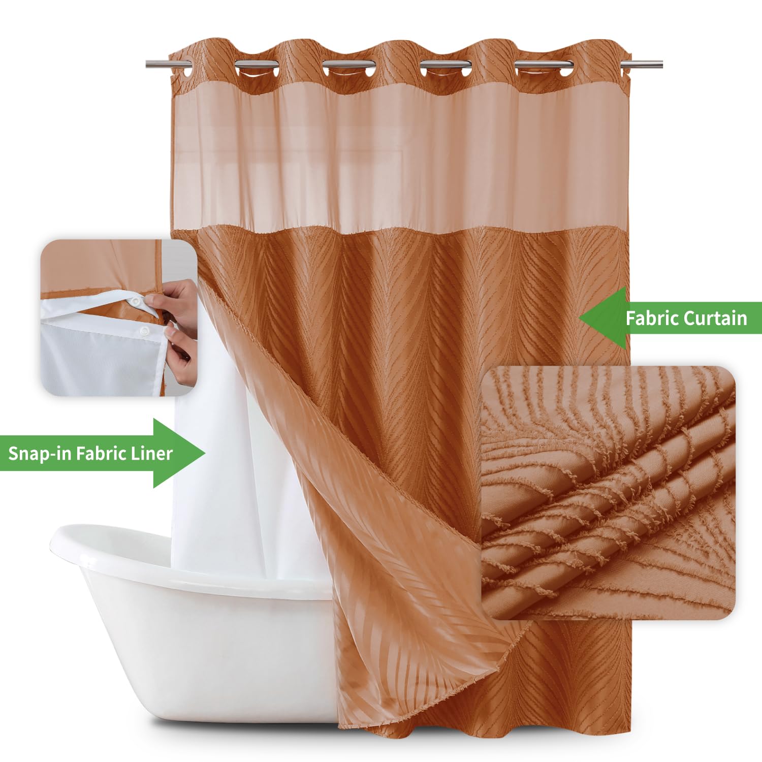 Eachope No Hook Shower Curtain And Liner Set,Boho Style With See Through Top Window, Burntorange Fabric Tufted Striped Textured