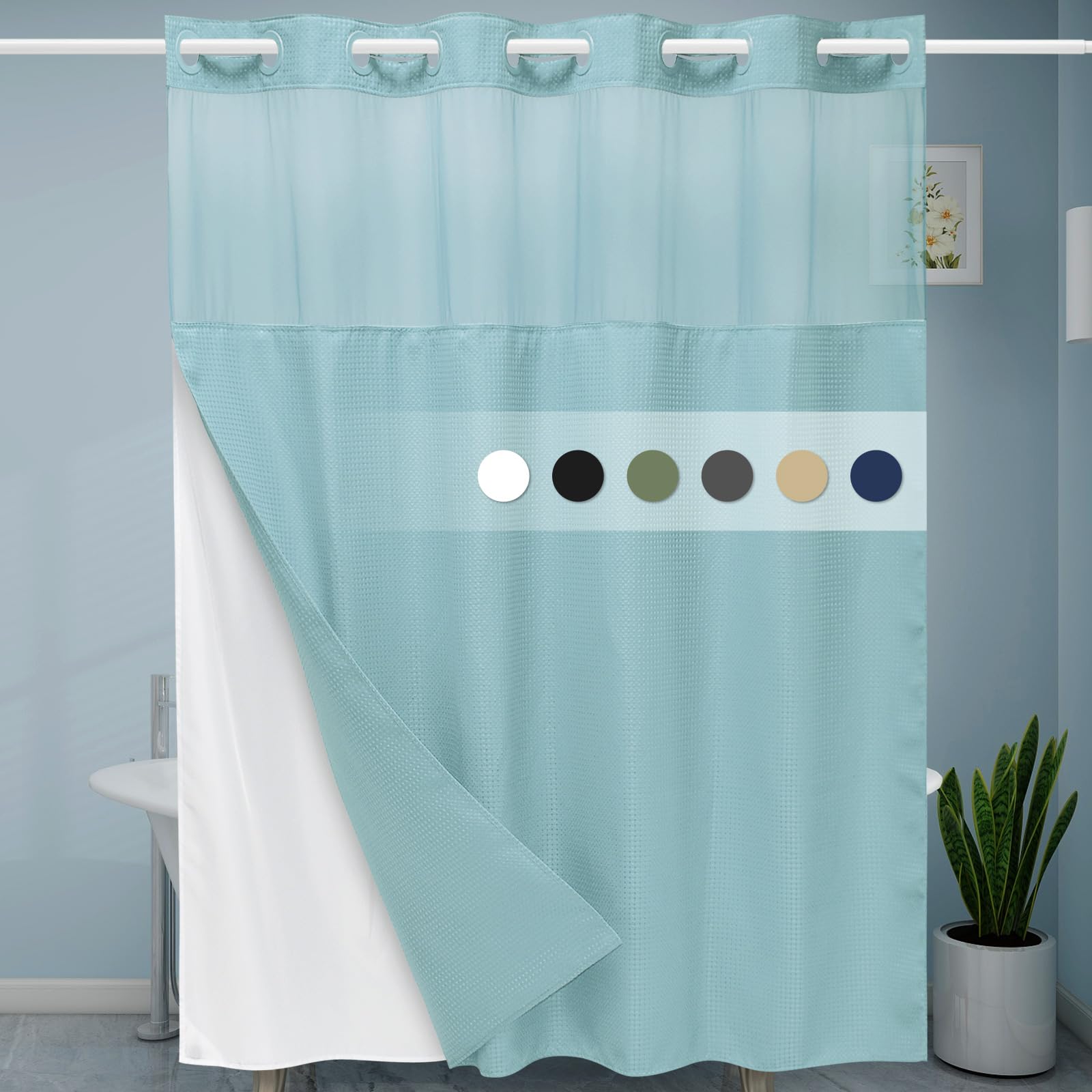 Eutxl Teal No Hook Shower Curtain With Snap In Liner,230Gsm Waffle Weave Shower Curtains For Bathroom,71W X 74H