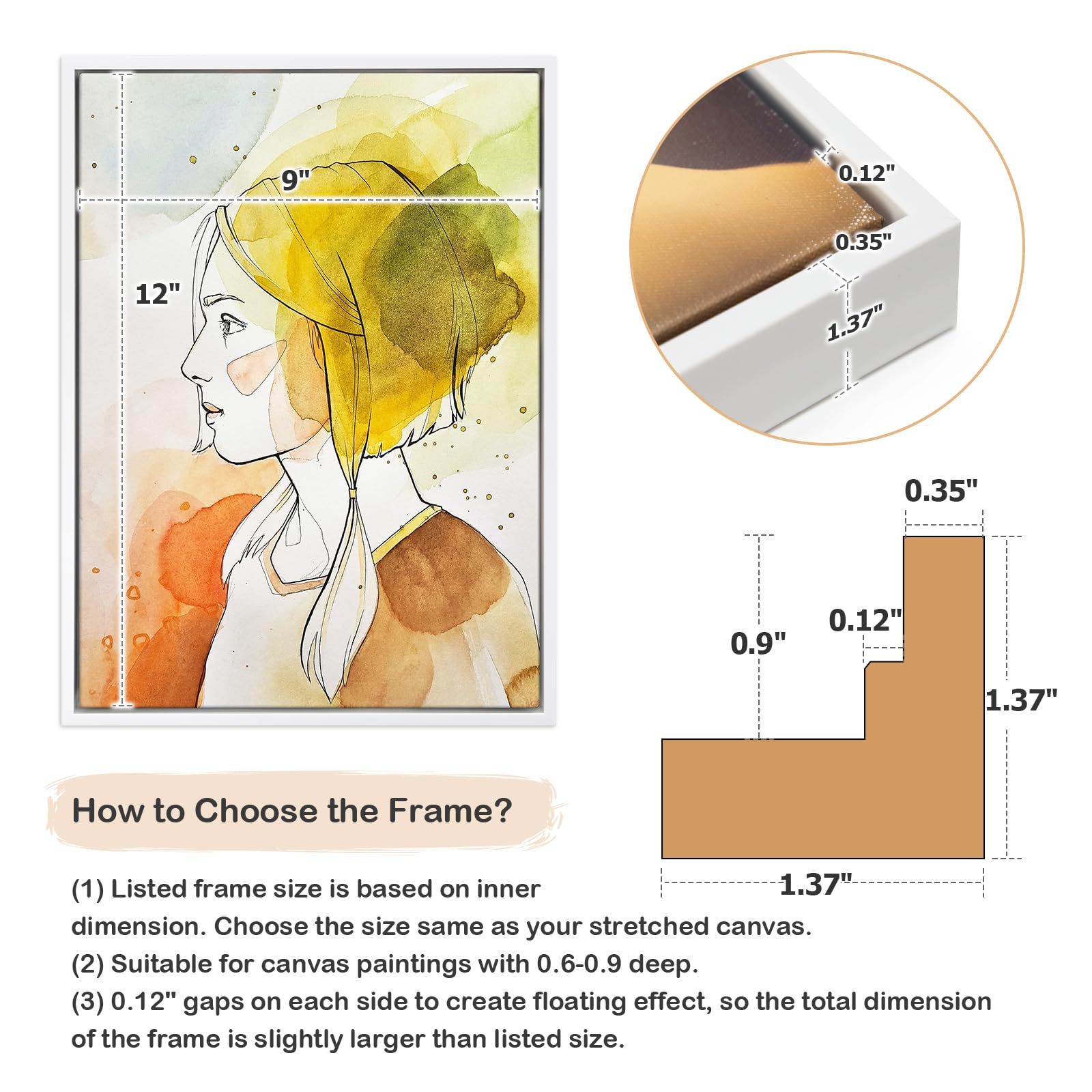 Folkor Floater Frame For 9X12 Canvas Paintings With 0.6-0.8    Deep, 2 Pack Canvas Floating Frame For Oil Paintings Art Prints A