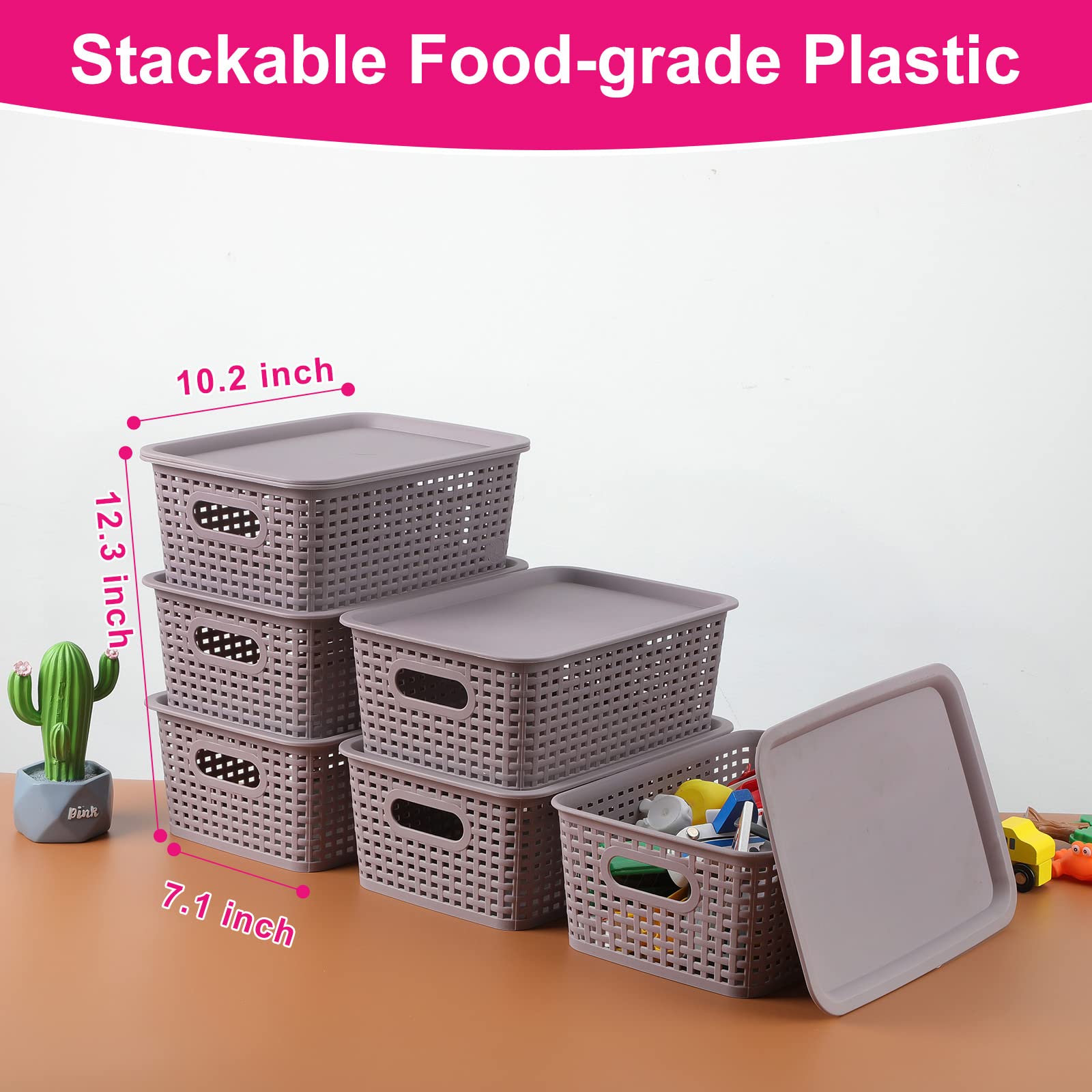 AREYZIN Lidded Storage Bins Plastic Storage Baskets With Lid Organizing Container Knit Storage Organizer Bins for Shelves Drawers Desktop Playroom Classroom Office  6 Pack Purple