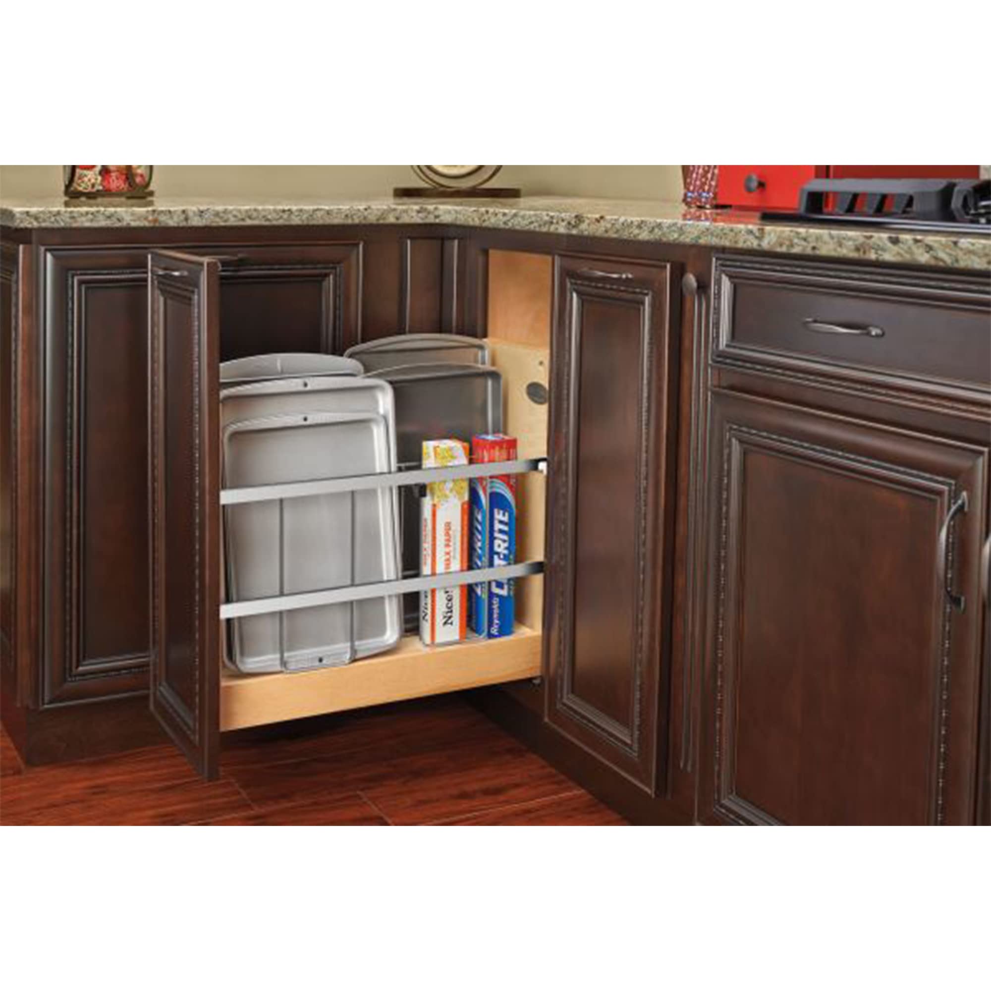 Rev-A-Shelf 8'' Pull Out Wooden Bakeware Organizer Shelf For Kitchen Cabinets, Pots And Pans Wire Storage Rack W/ Soft-Close Sli