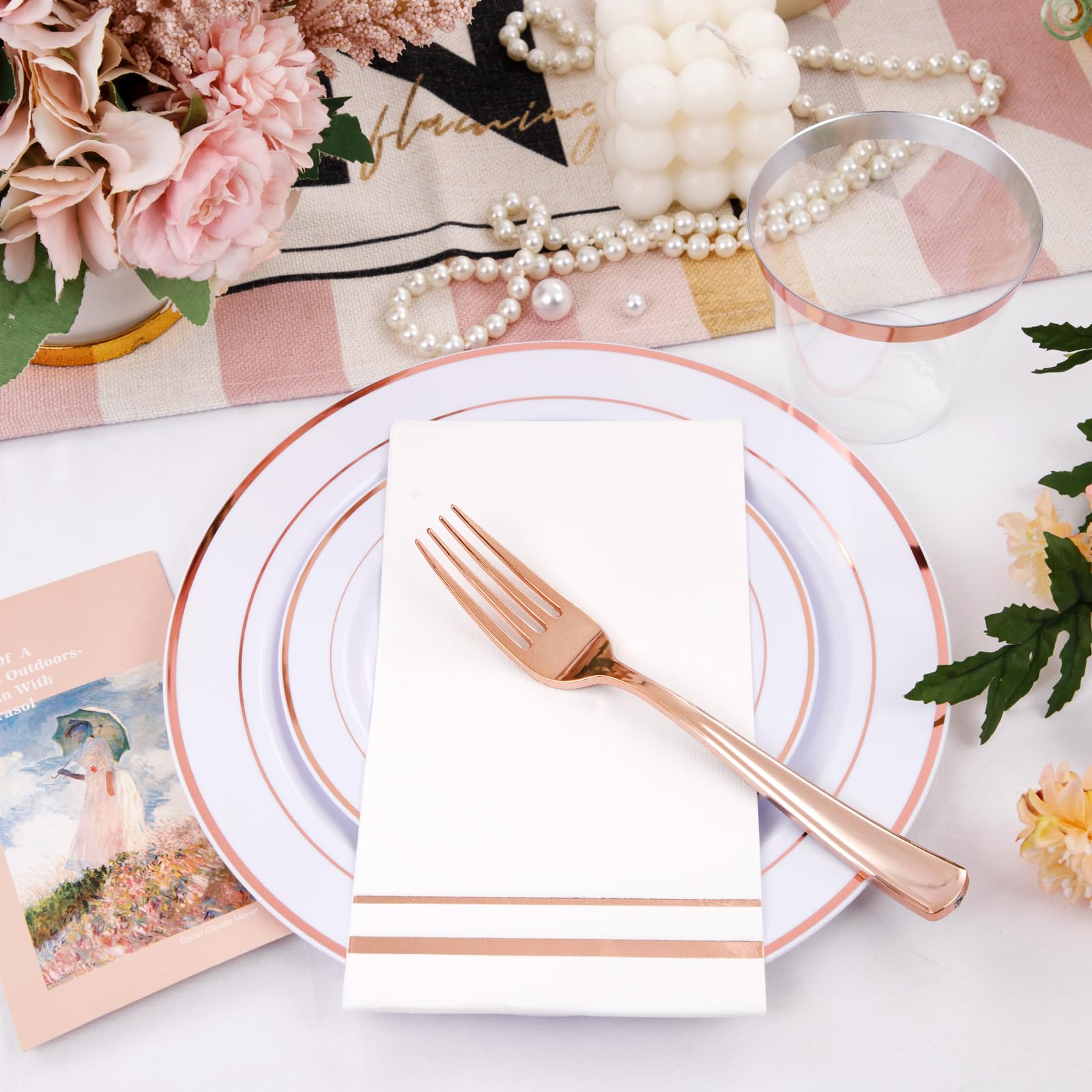 Gather 350Pcs Rose Gold Plates And Silverware Set For 50 Guests Disposable Plastic Dinnerware Of 100 Rose Gold Plastic Plates,15