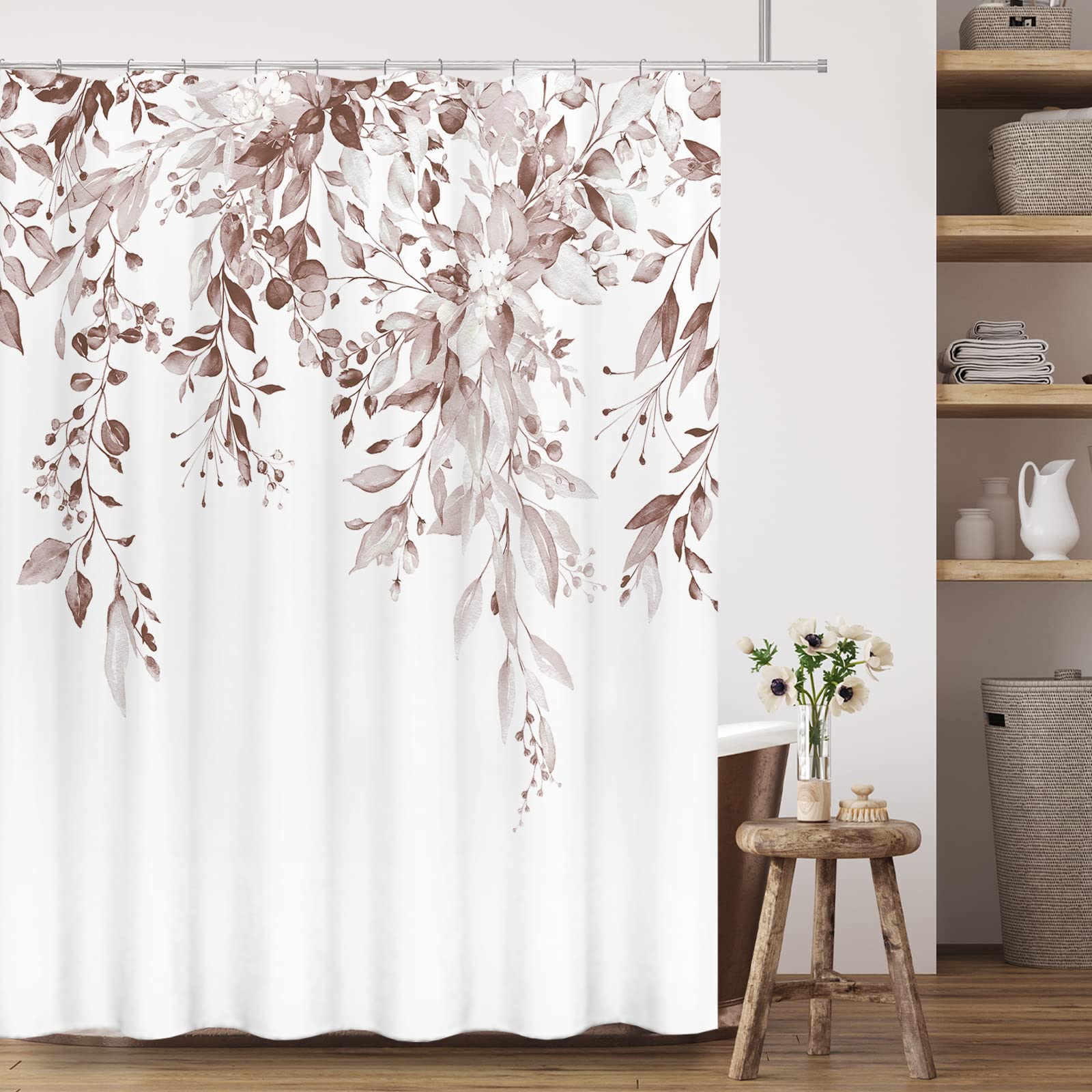 Tititex Rosy Brown Eucalyptus Shower Curtain Sets, Watercolor Leaves On The Top Plant With Floral Bathroom Decoration 72X78 Inch