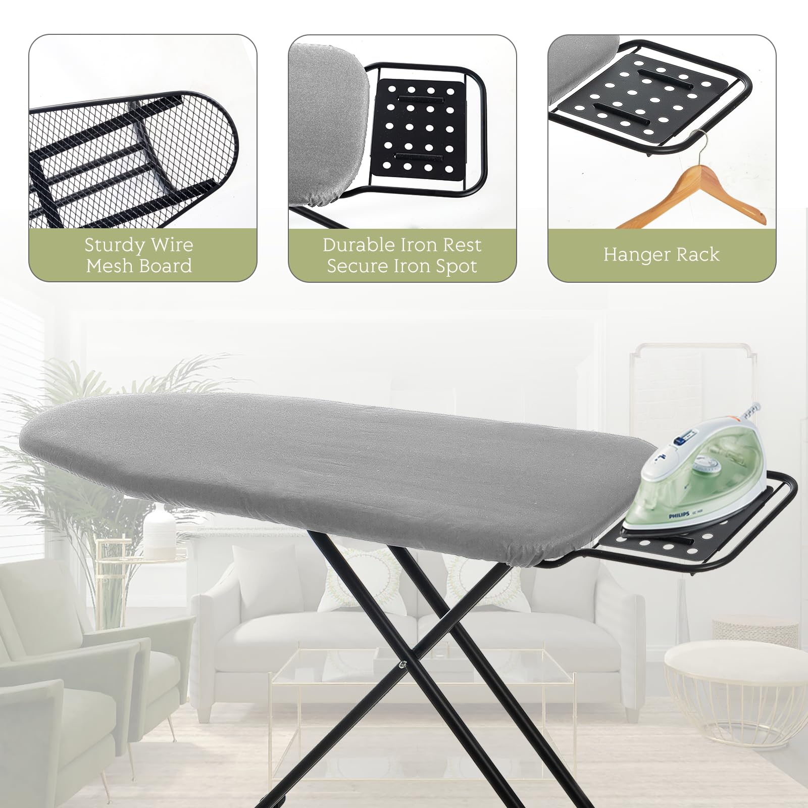 Ironing Board Full Size, Rainhol 43''X13'' Heavy Duty Compact Ironing Board With Iron Rest, Height Adjustable Sturdy Iron Stand,