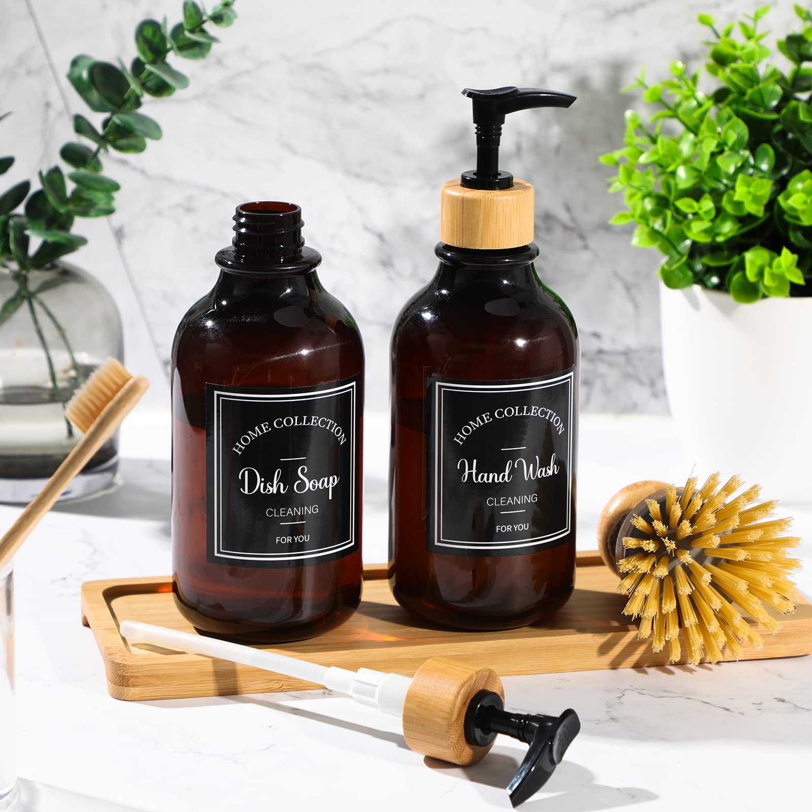 Zopeal 4 Pcs Kitchen Soap Dispenser Set 16 Oz Dish Soap Dispenser With Bamboo Tray And Dish Brush Plastic Soap Dispenser Set Wit