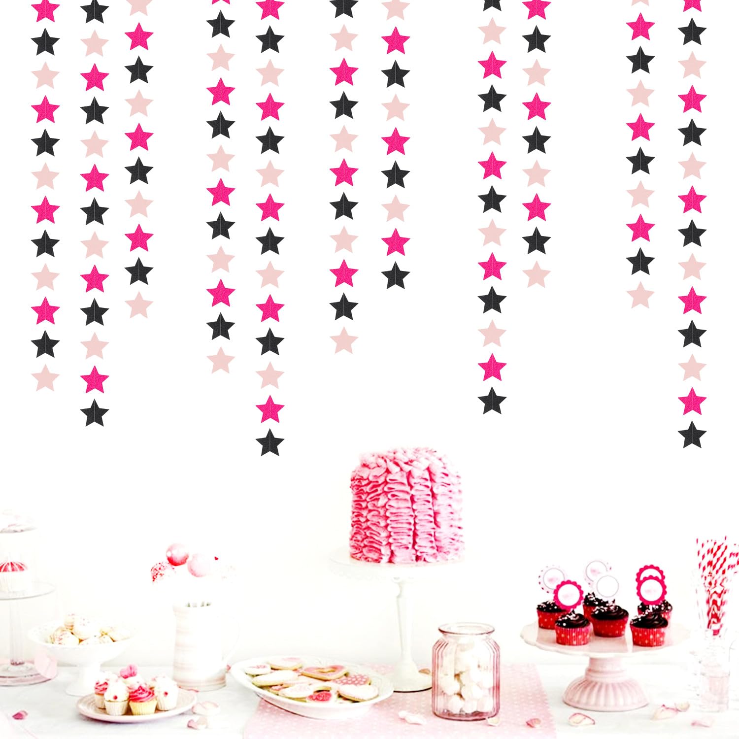 Hot-Pink Black Birthday Party-Decorations Garland - 62Ft Twinkle Little Star Baby Girl Hanging Streamers Banner,Graduation Engag