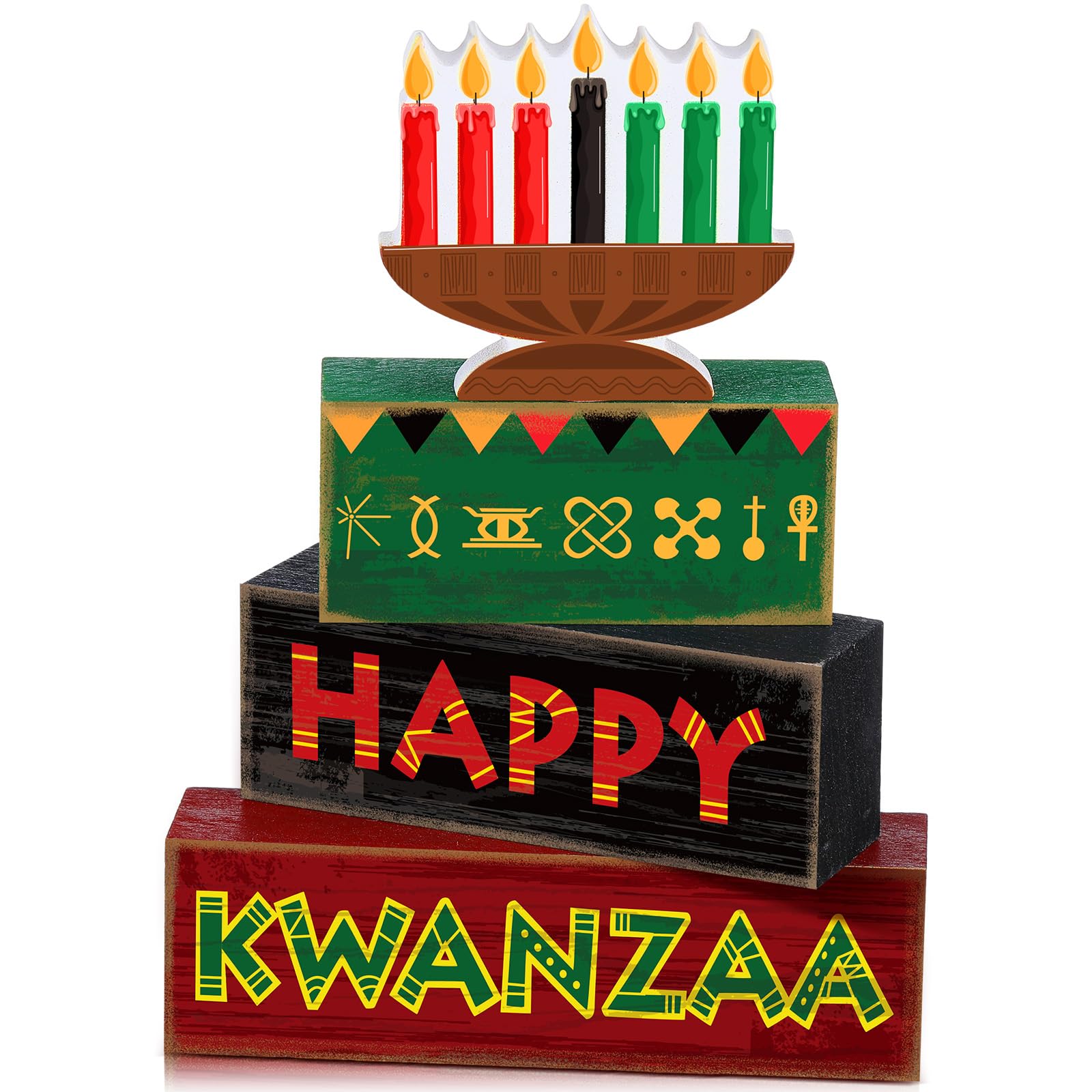 Yuntau 4 Pcs Happy Kwanzaa Table Decorations Kwanzaa Tiered Tray Decor Rustic African Candlestick Wood Block Tabletop Sign Gift 