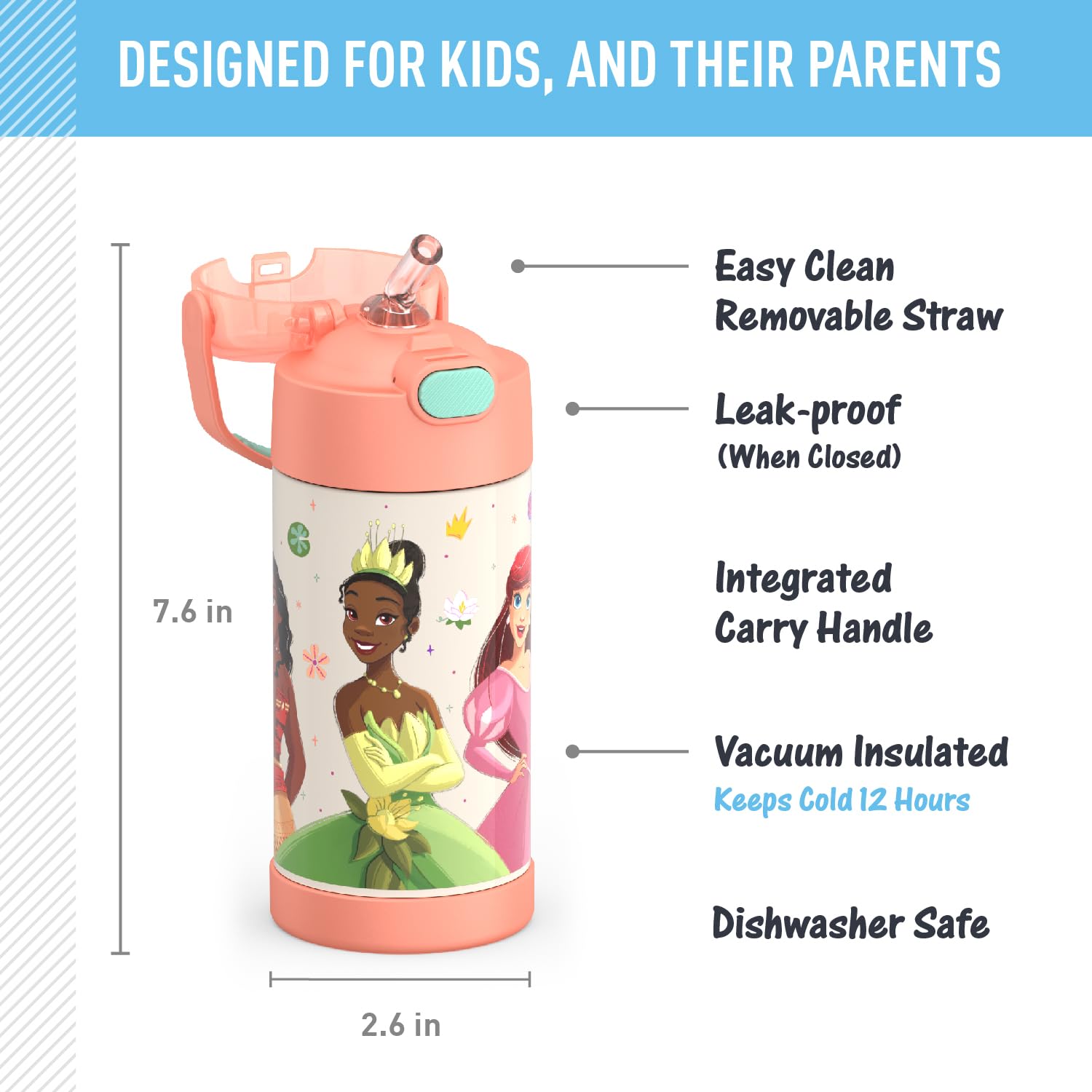 Thermos Funtainer Water Bottle With Straw - 12 Ounce, Princesses - Kids Stainless Steel Vacuum Insulated Water Bottle With Lid