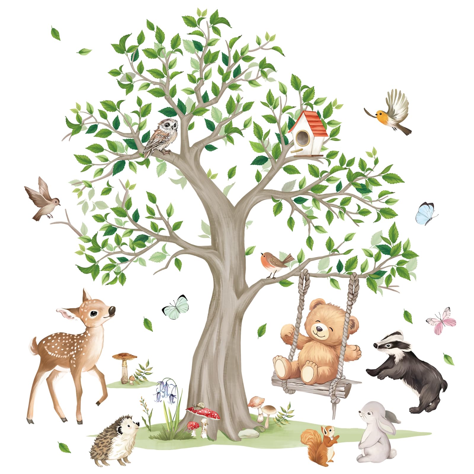 FUFUQUARE Large Forest Tree Woodland Animal Wall Decals Forest Animal Rabbit Deer Bear Swing Wall Stickers Kids Nursery Living R
