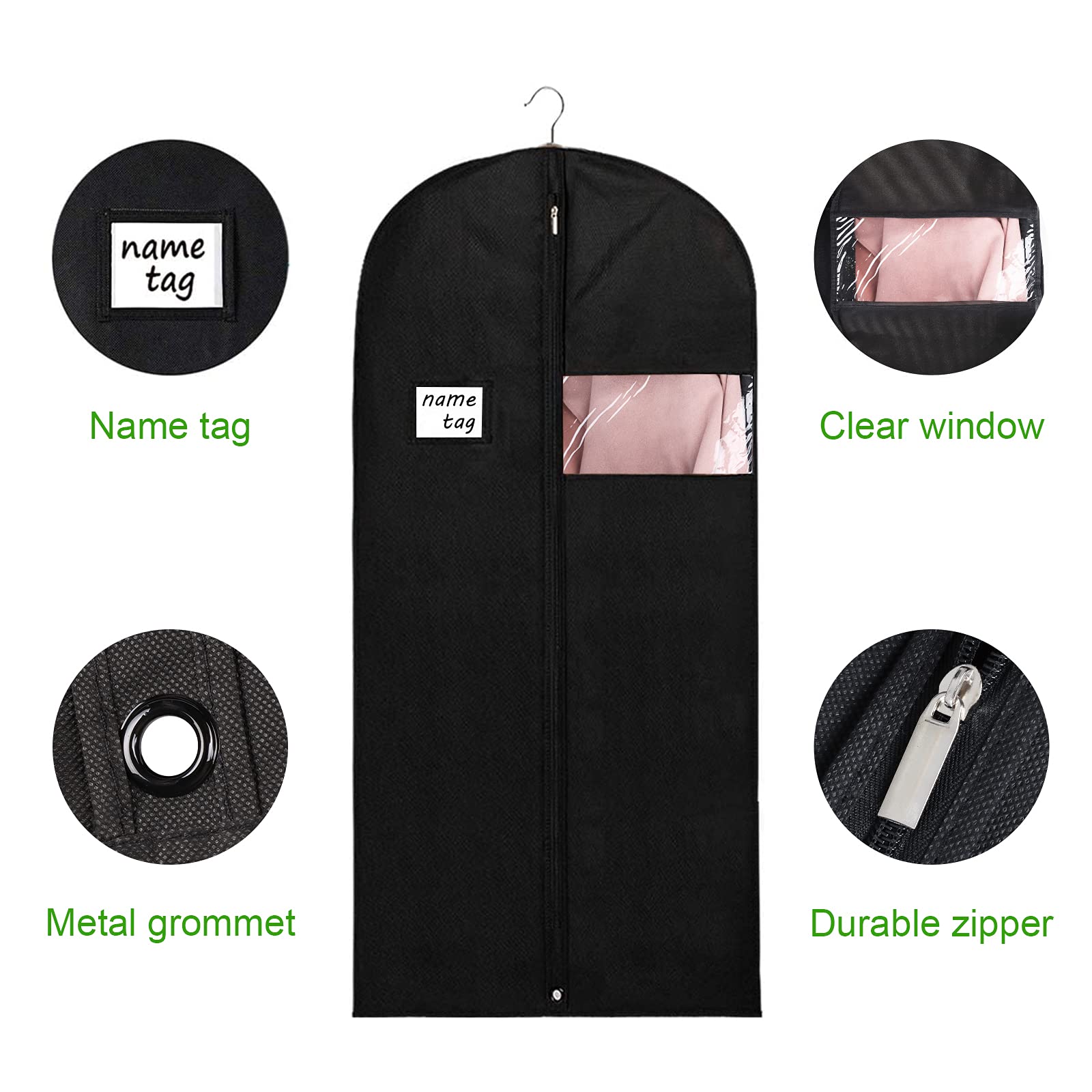 KEEGH Garment Bags for Hanging Clothes 60'' (Set of 6) Dress Bags for Gowns Long Dress Bags for Closet Storage with Zipper and Eye-Hole for Folding for Suit Coats Dresses  Black