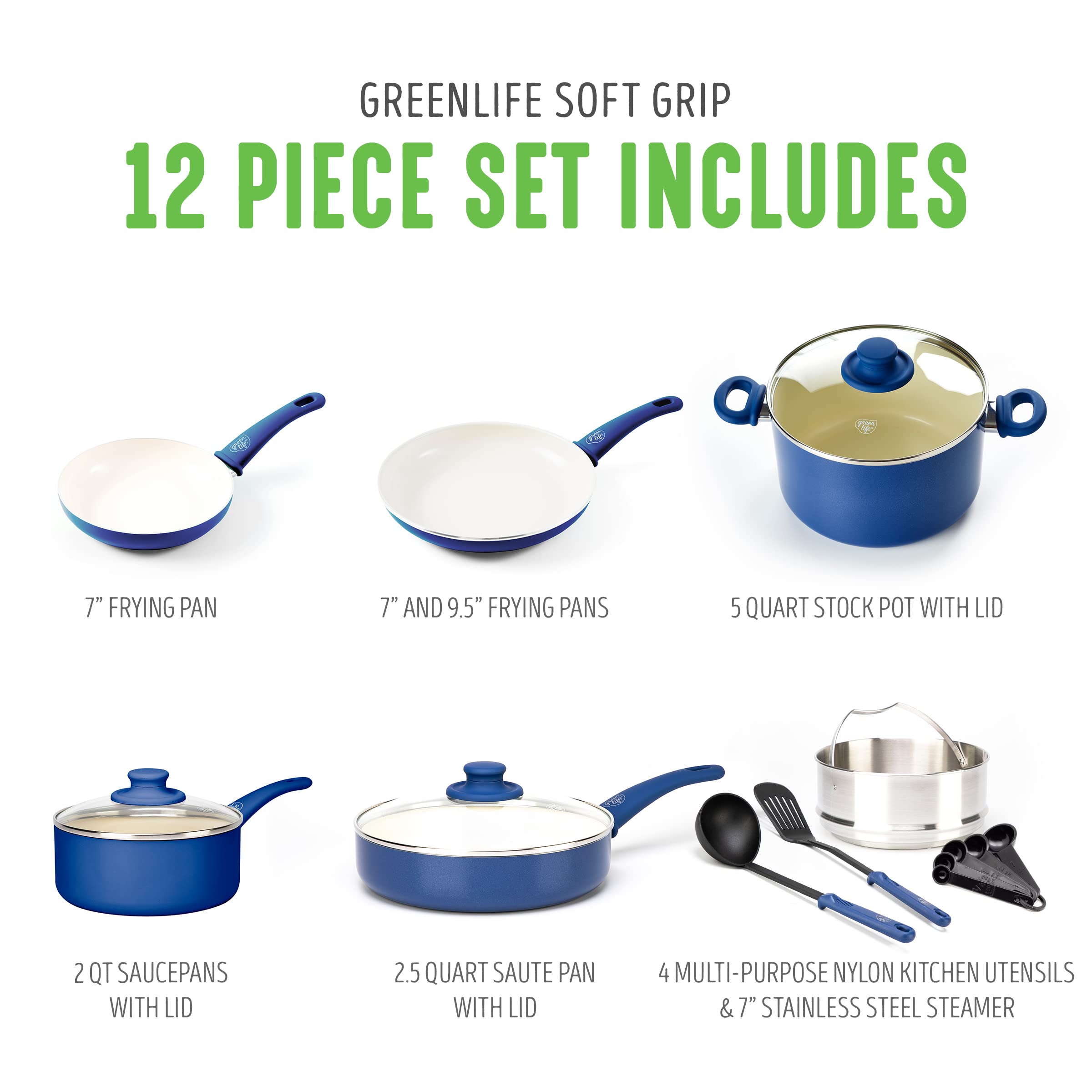 GreenLife Soft Grip Healthy Ceramic Nonstick 12 Piece Cookware Pots and Pans Set, PFAS-Free, Dishwasher Safe, Blue