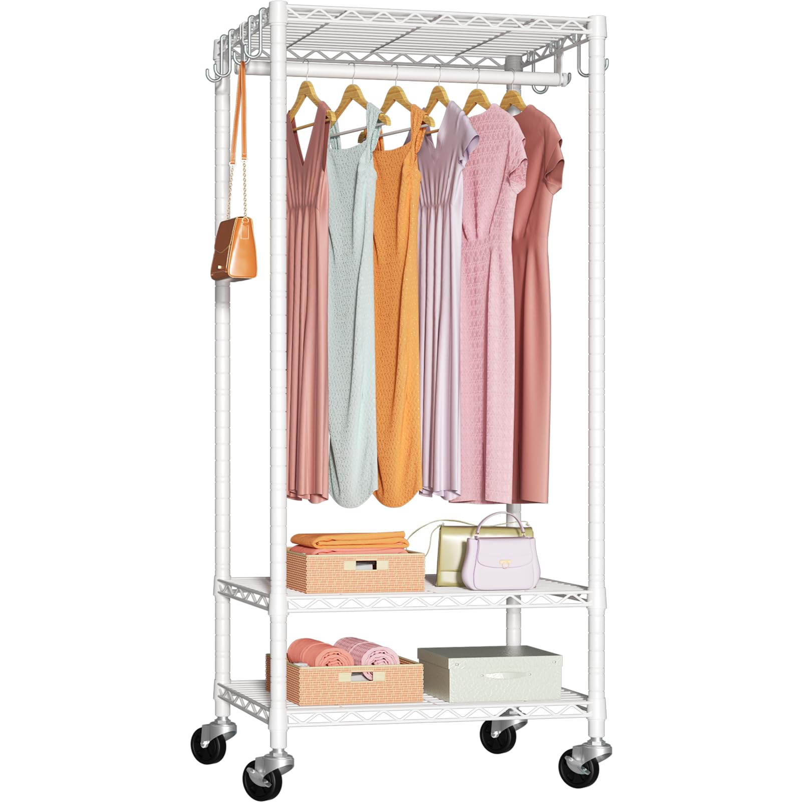 Futassi P6 Mini Rolling Clothes Rack Heavy Duty, Clothing Racks For Hanging Clothes, Freestanding Garment Rack With Wheels, Port